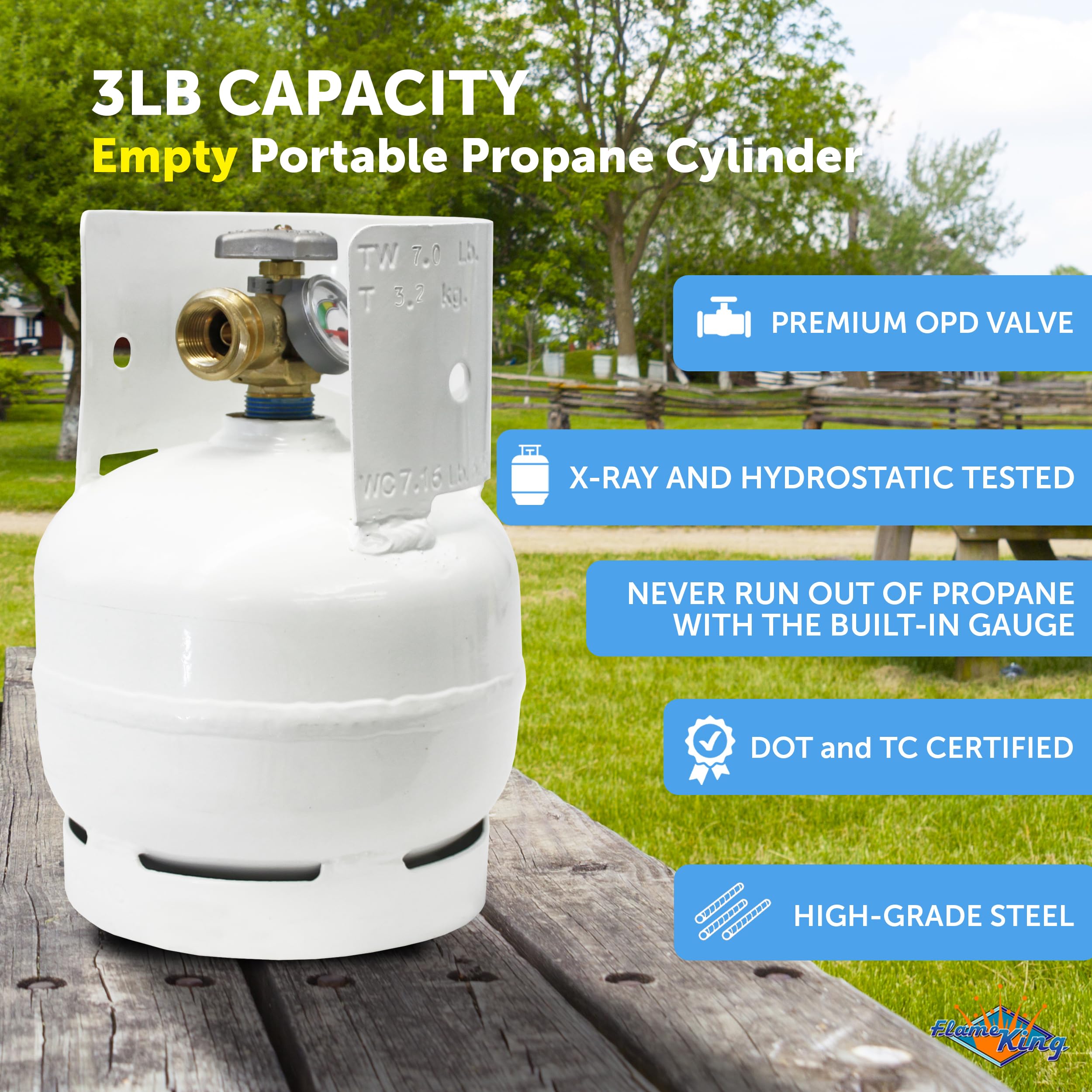 3LB Flame King Empty Steel Propane Tank Cylinder with Gauge and OPD Valves for Grills and BBQs, Camping, Fishing, & Outdoor Activities