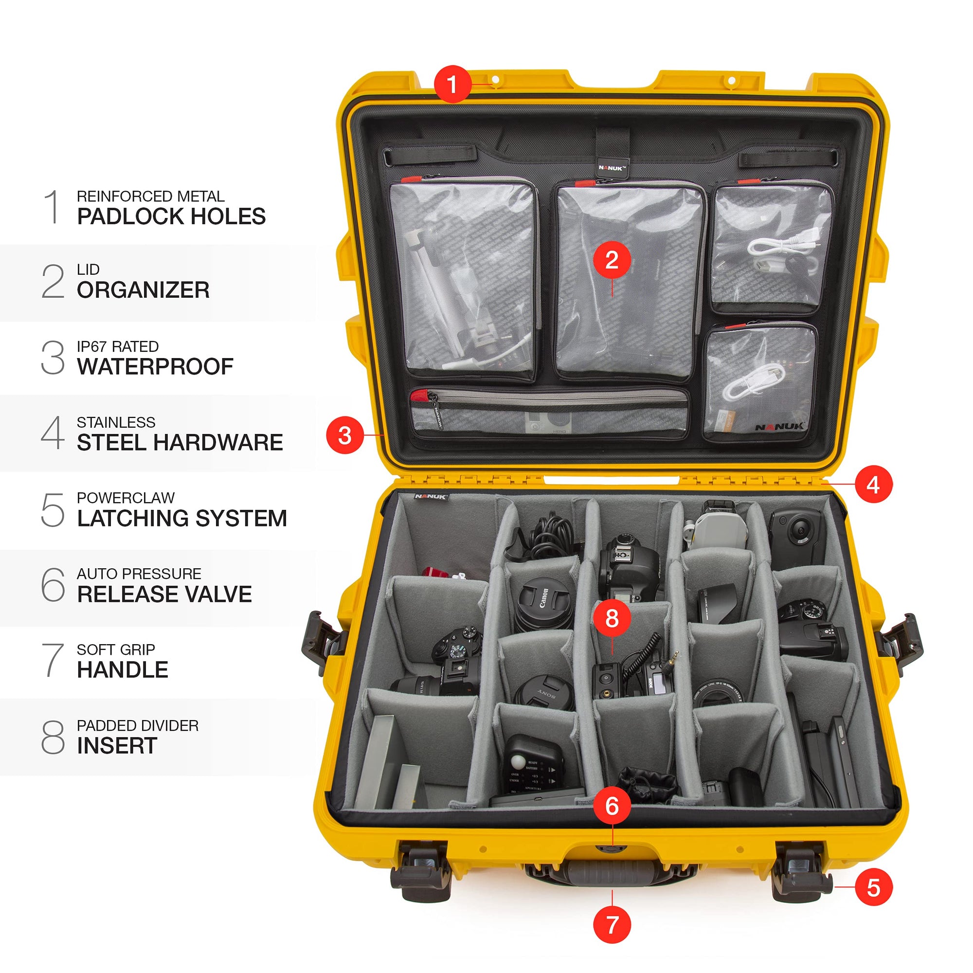 Waterproof Nanuk 945 Hard Case with Lid Organizer and Padded Divider - Yellow