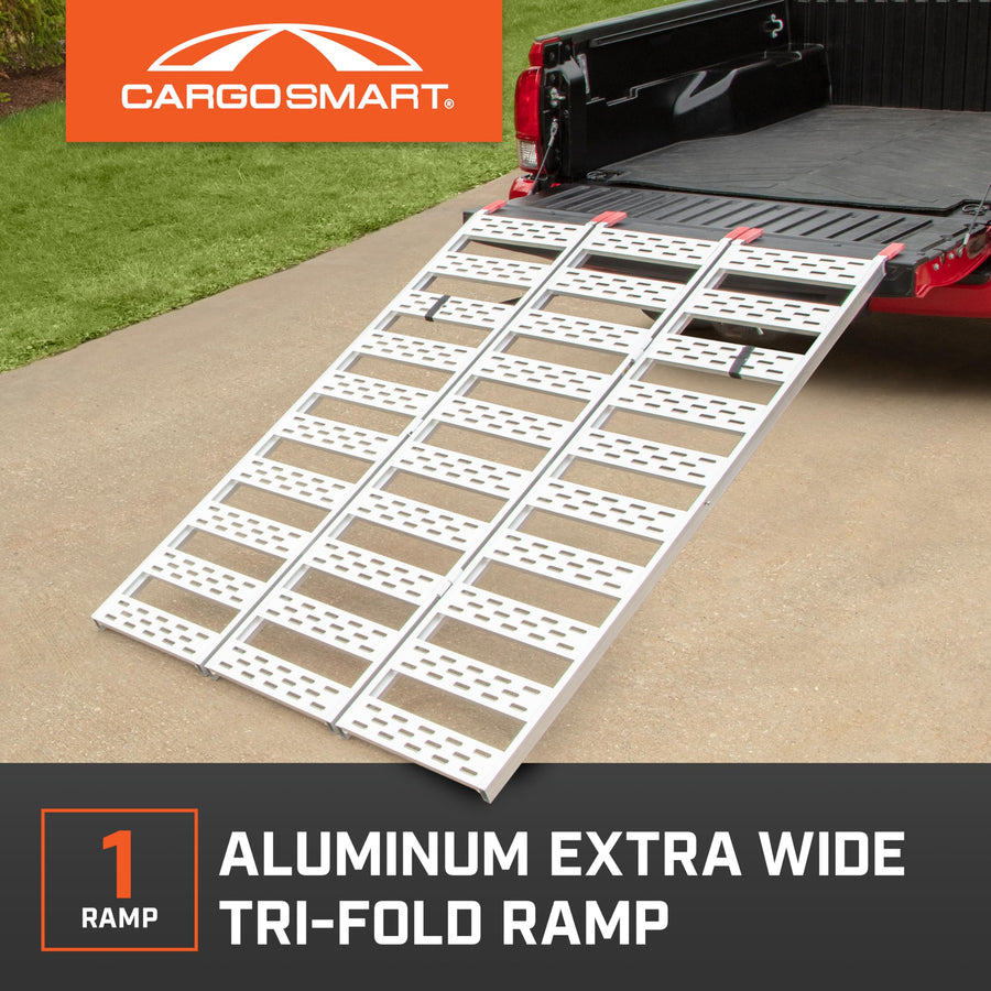 Tri-Fold CargoSmart Aluminum Ramp with Treads, 1 Pack — 1,500lb Capacity/500lb per Section, 50” W x 76” L — Safely and Easily Load or Unload Push Mowers, Garden Tillers, ATVs and More