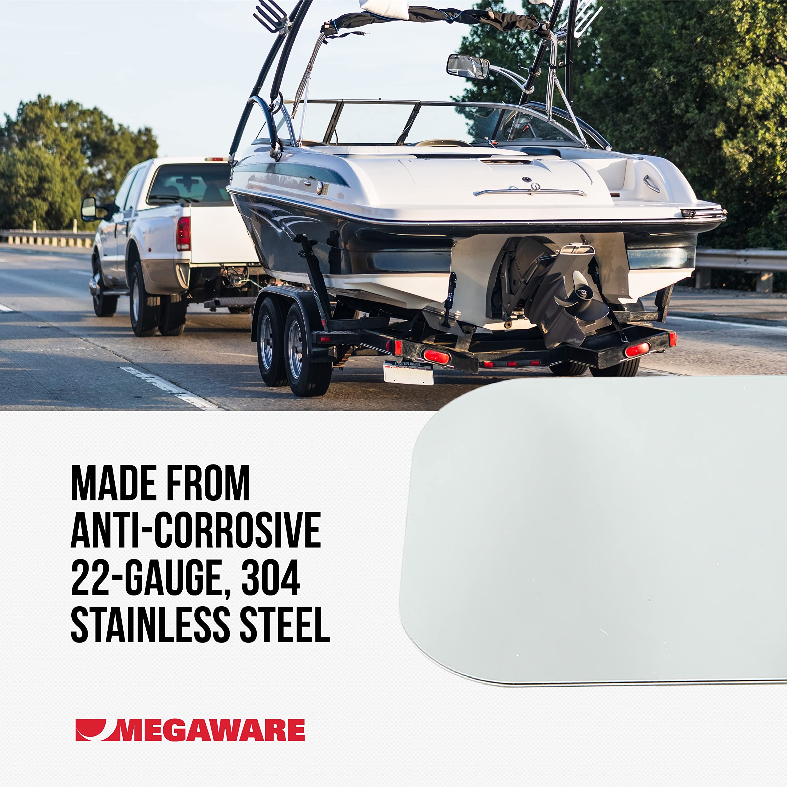 MEGAWARE ScuffBuster KEELGUARD BowGuard Prevent Trailer Bow Roller Damage Near Stern Eye Bolt; 3M Adhesive; Stainless Steel Mirror Polished Finish; Easily Bends; Standard Solid (5.75″ x 4.5″)