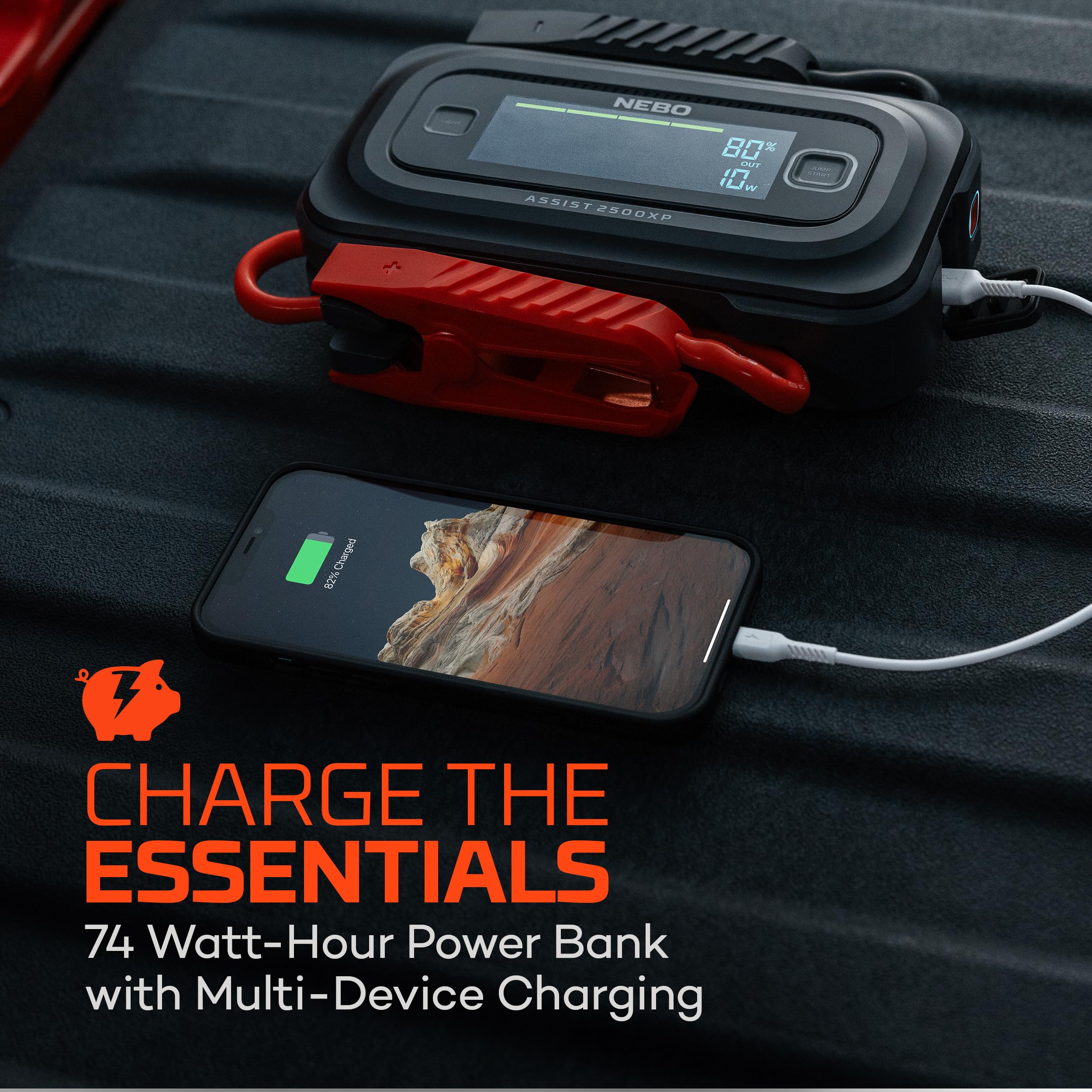 2500XP+ NEBO Assist Jump Starter | 3-in-1 2500 Amps Jump Starter, Charger, Illuminated Floodlight, USB Compatible, Automotive, Emergency, Spark-Proof Safety
