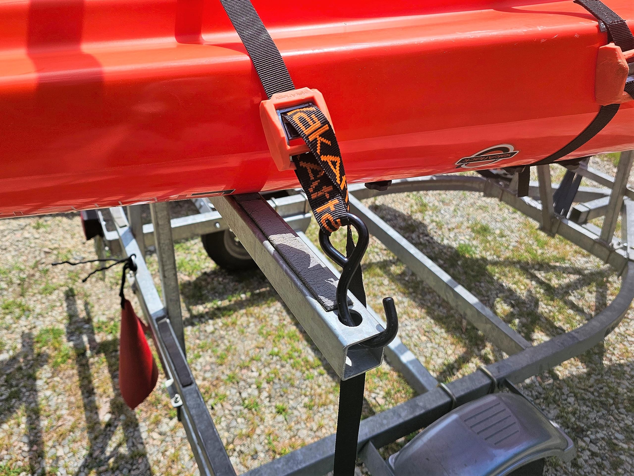 15' YakAttack J-Hook Cam Strap | Heavy Duty Polyester Kayak Tie Down with Rubber-Coated Hooks & Protective Buckle Cover | 1” Wide, Single Pack | Black/Orange