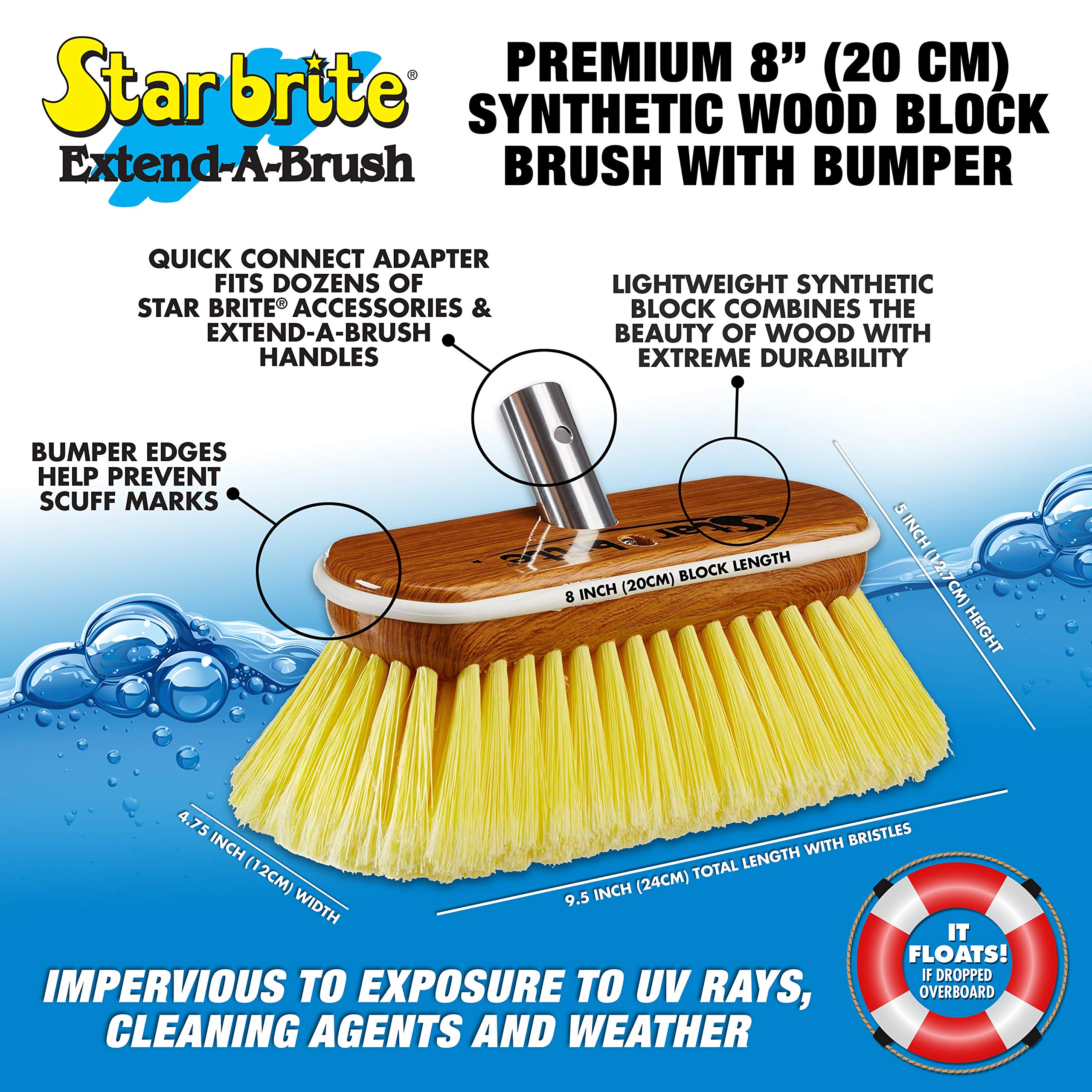 8" STAR BRITE Premium Cleaning Brush - Synthetic Wood Block with High-Density Star Prene Fibers for Smooth & Painted Surfaces - Fits Star brite Extend-A-Brush Handles - Soft Bristle, Yellow (040170)