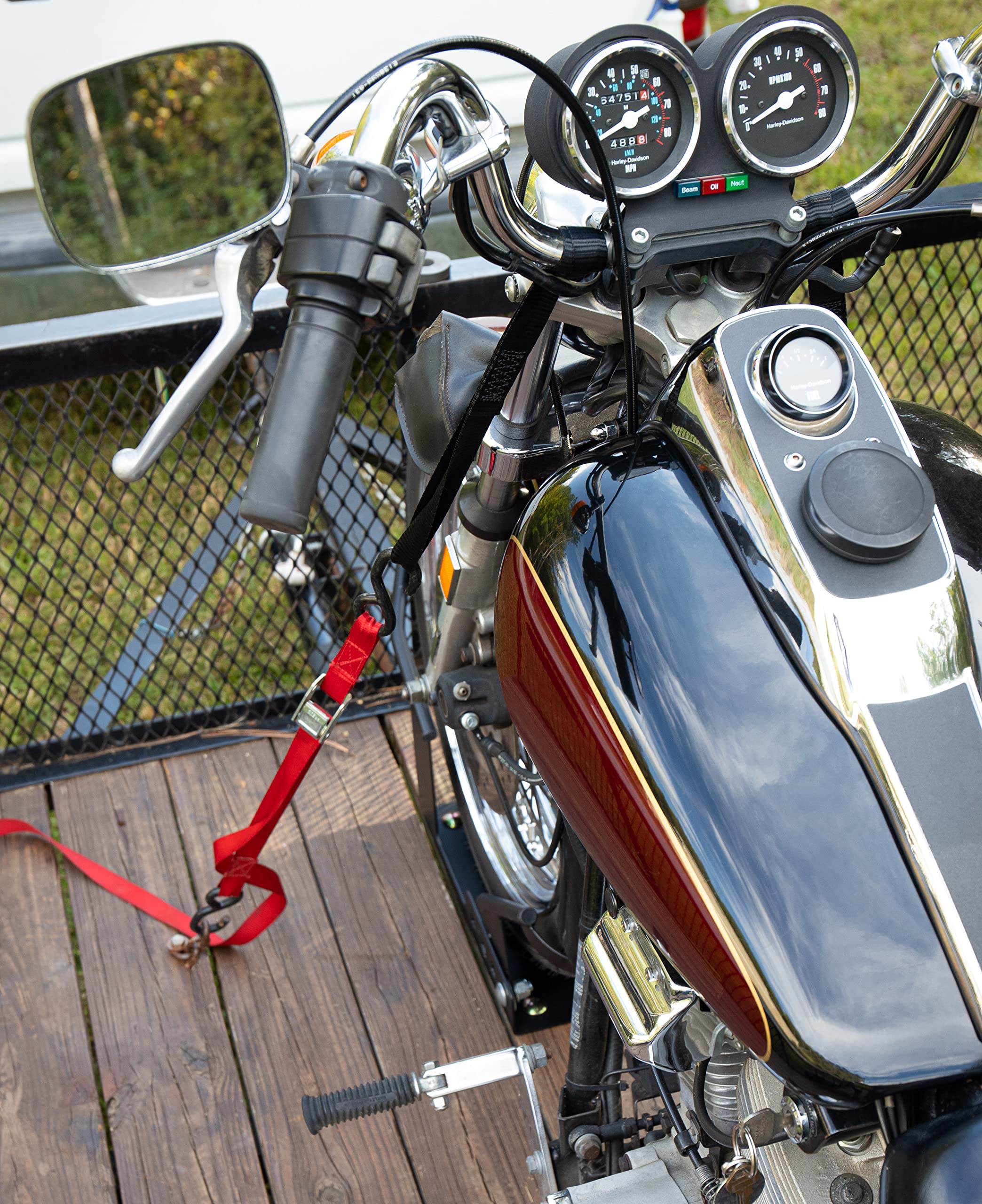 Motorcycle Wheel Chock Camco for Trailer - Includes Handlebar Straps & Mounting Hardware - Keep Your Motorcycle Upright During Transit - Mountable to Trailer or Truck Bed - Universal Tire Fit (66100)