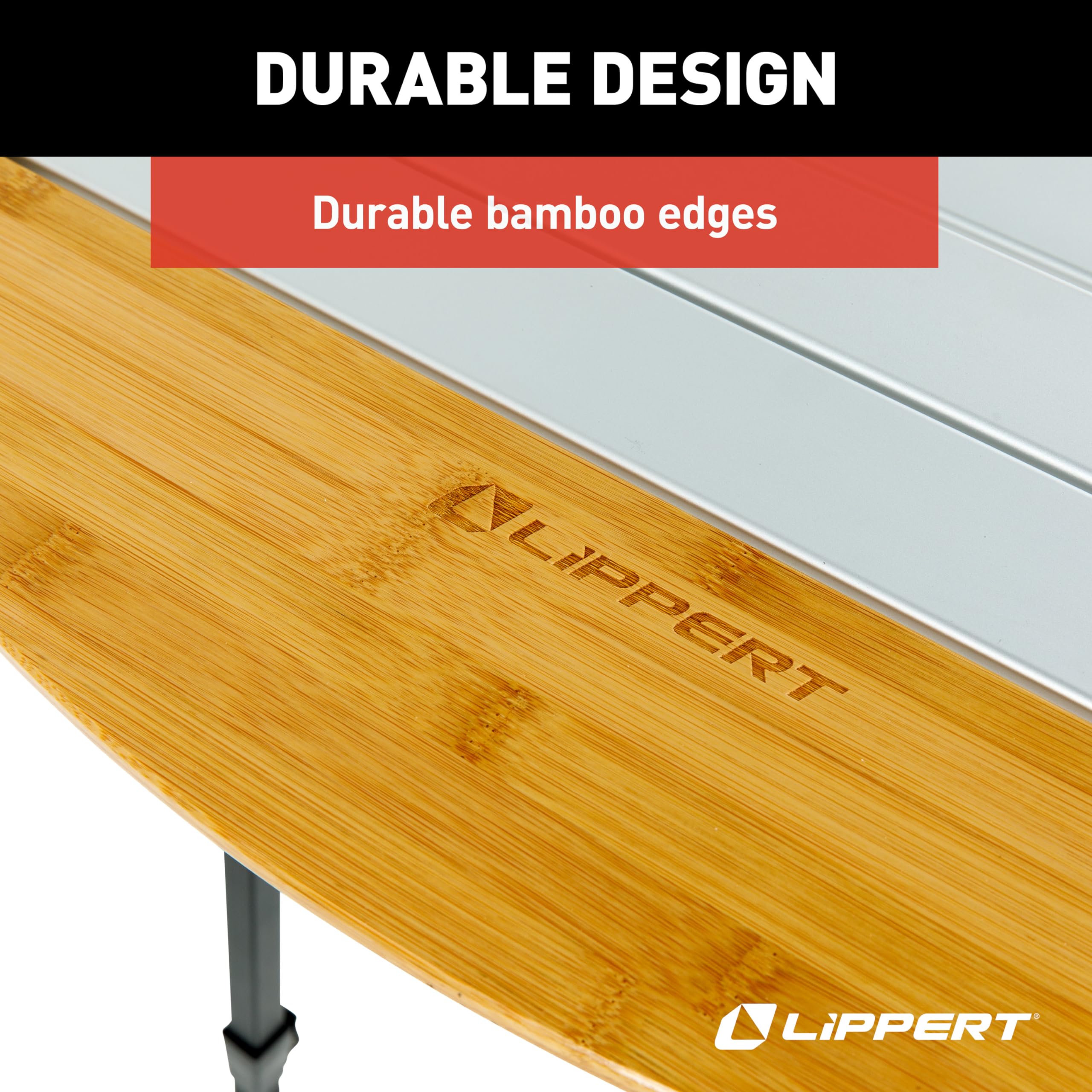 Bamboo/Hammer Grey Lippert Roll Top Camping Table with Powder-Coated Aluminum Top/Frame, Durable Bamboo Edges, Foldable Design, Adjustable Legs, Lightweight Construction - 2023053727
