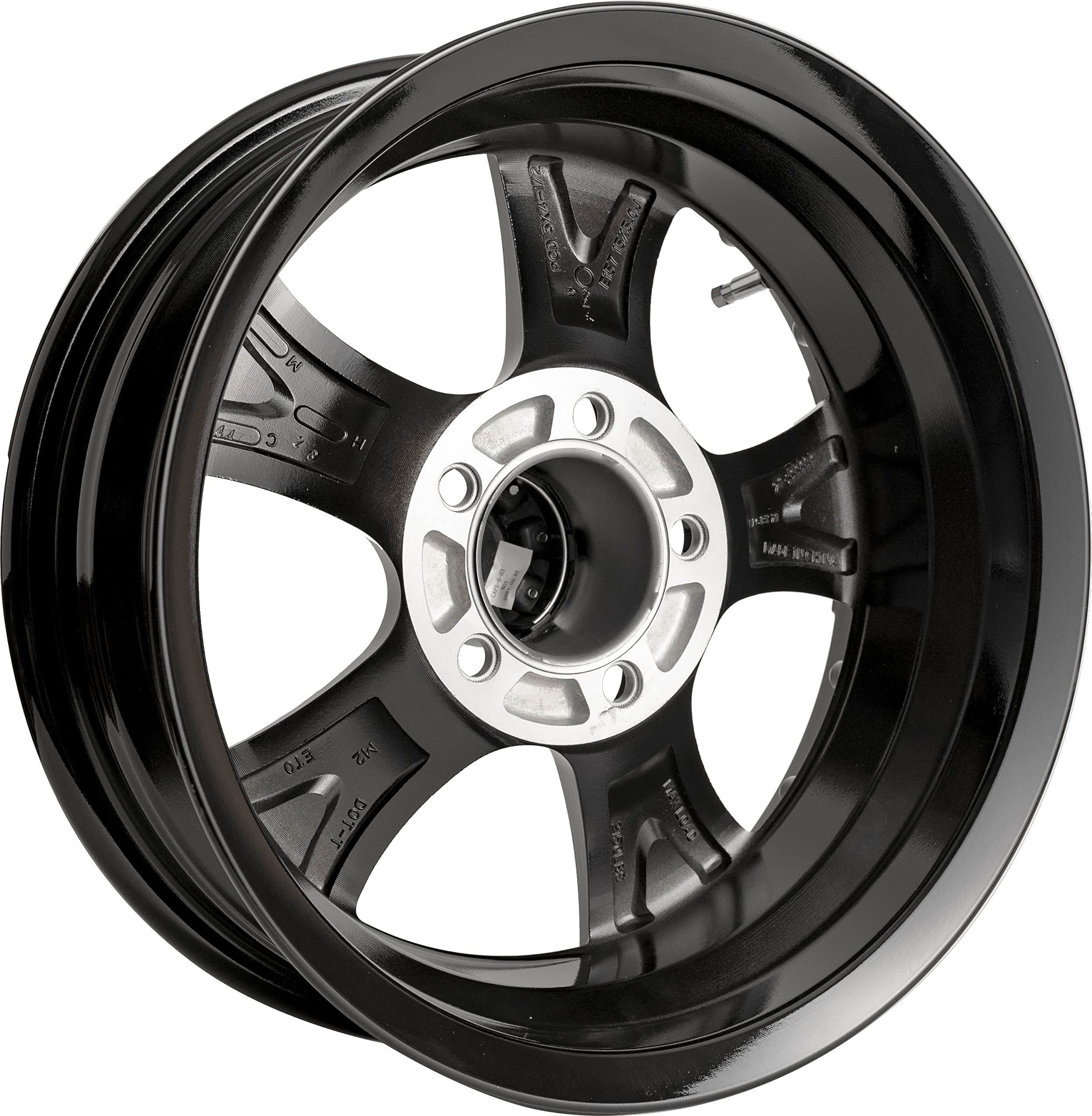 Viking™ Series Gloss Black Aluminum Machined Lip and Face Trailer Wheel with Black Cap - 15" x 5" 5 On 4.5-2150 LB Load Carrying Capacity - 0 Offset *Trailer Use Only