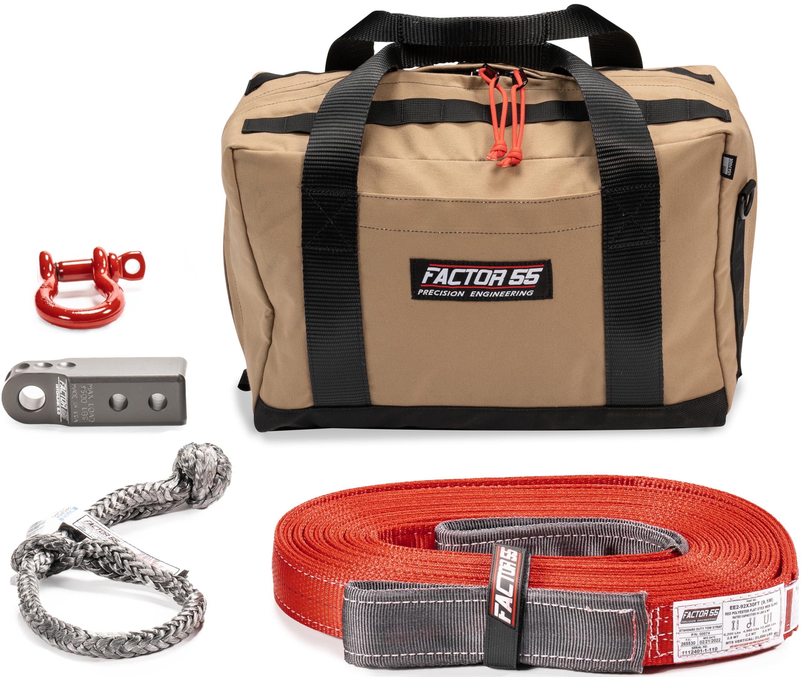 Owyhee Factor 55 Tow and Recovery Kit for Trucks, Jeeps, and SUVs, with Gray Hitchlink and Medium Bag