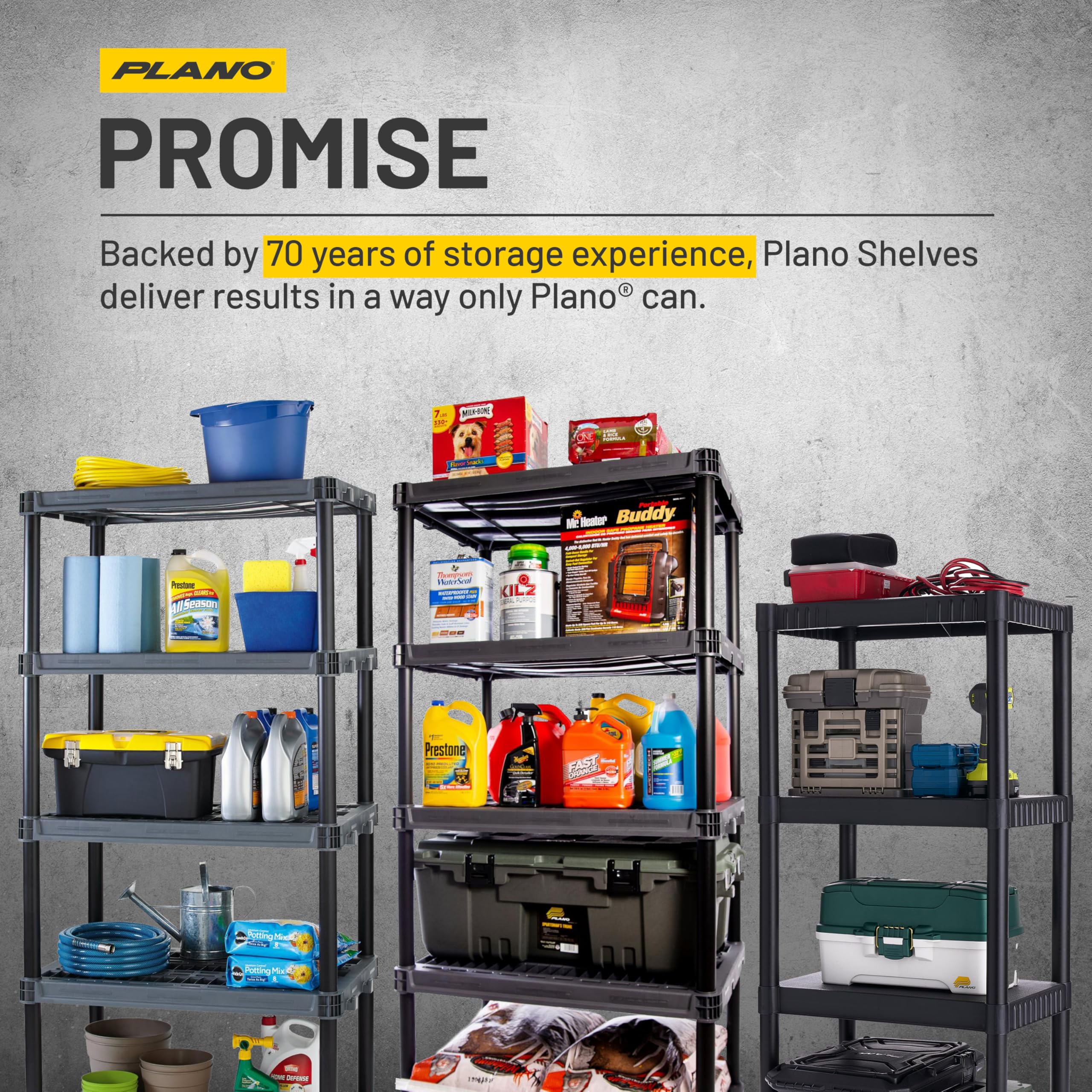5-Shelf Plano Extra Heavy Duty Plastic Storage Shelves, 72.5” x 36” x 24”, 1000lb Capacity, Pantry, Office, Closet and Garage Shelves, Easy to Assemble, Durable Plastic Shelving Unit