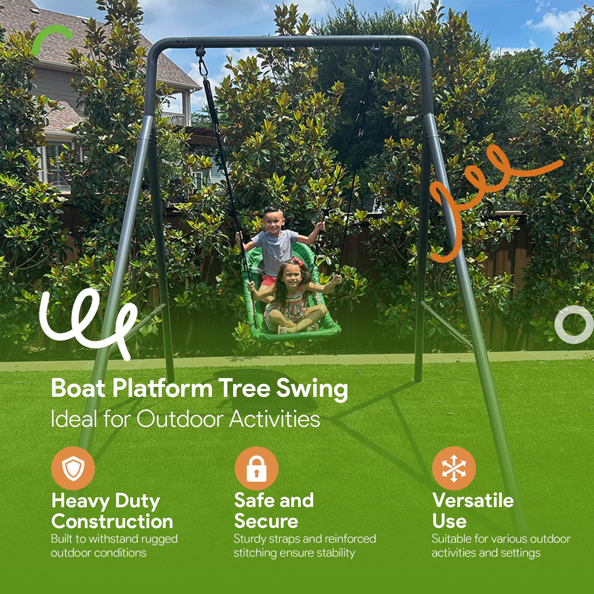 FlyMax Gobaplay Boat Tree Swing, 53" x 25" Outdoor Platform Saucer Seat for Backyard Swing Set, Green - (Swingset Frame Not Included)