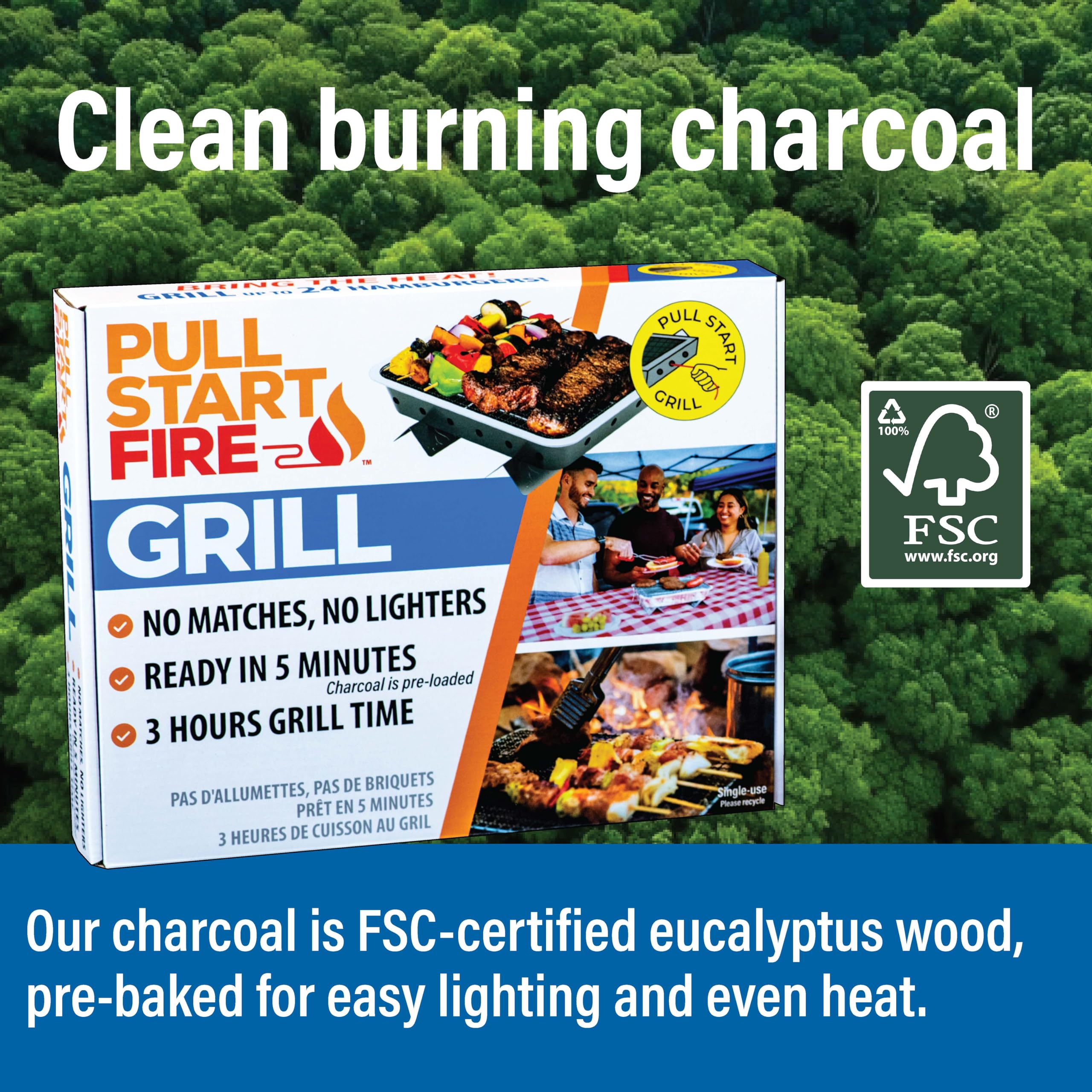 Fire Grill Pull Start | Portable Disposable Charcoal BBQ with Pull Start Matchless Ignition | Ready in 5 Min, 3 Hour Burn | Camping, Tailgating, Outdoor Cooking, No Cleanup Needed
