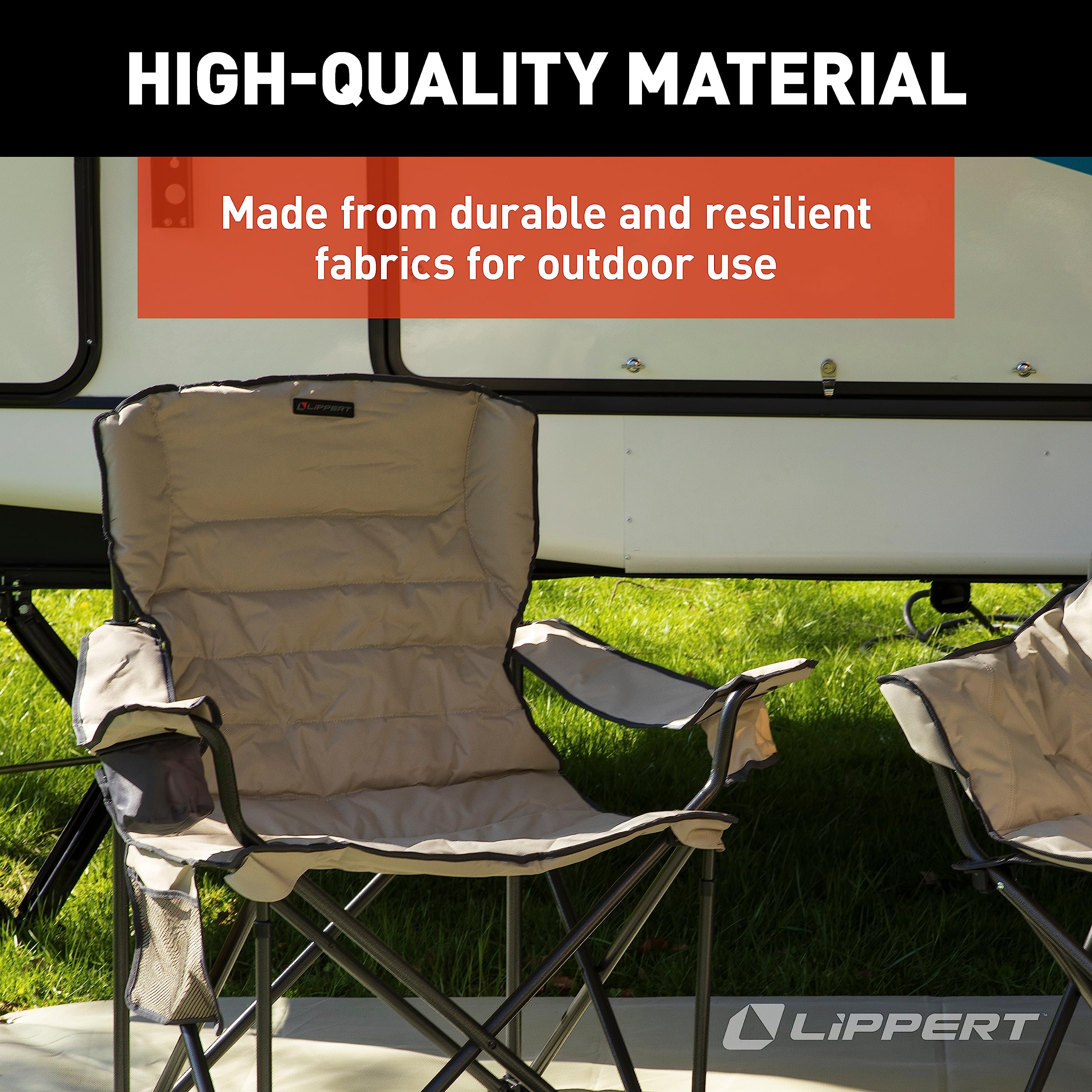 Lippert Deluxe Campfire Folding Chair - Sand, High-Loft, Foldable Cushion Chair, Dual Cup Holders, Power Coated Steel Frame, Durable 600D Outdoor Polyester Fabric, 500 lb. Capacity, 2022114819