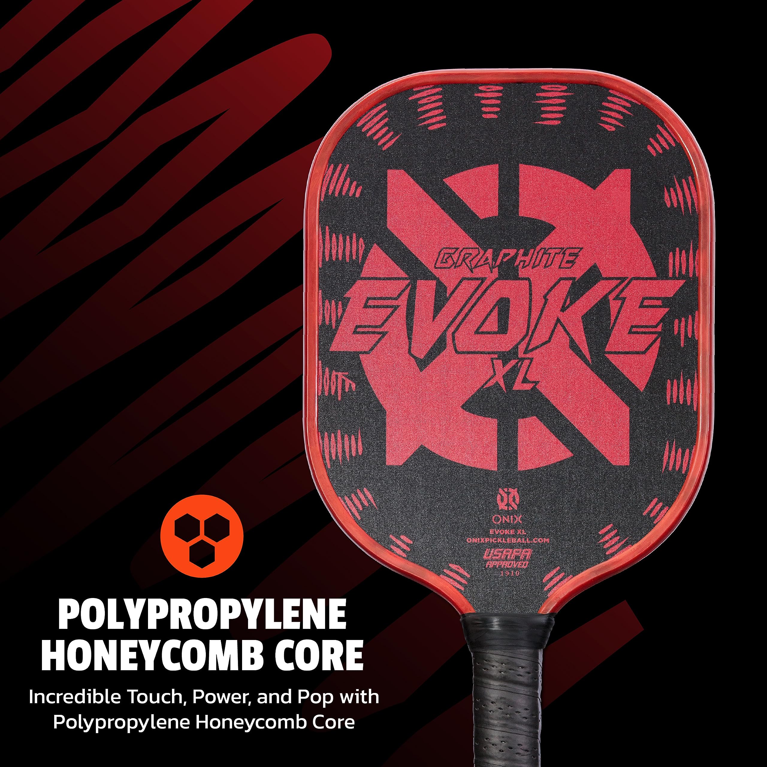 Graphite Onix Evoke XL Pickleball Paddle Features Polypropylene Core, Graphite Face, and Oversized Shape, Red