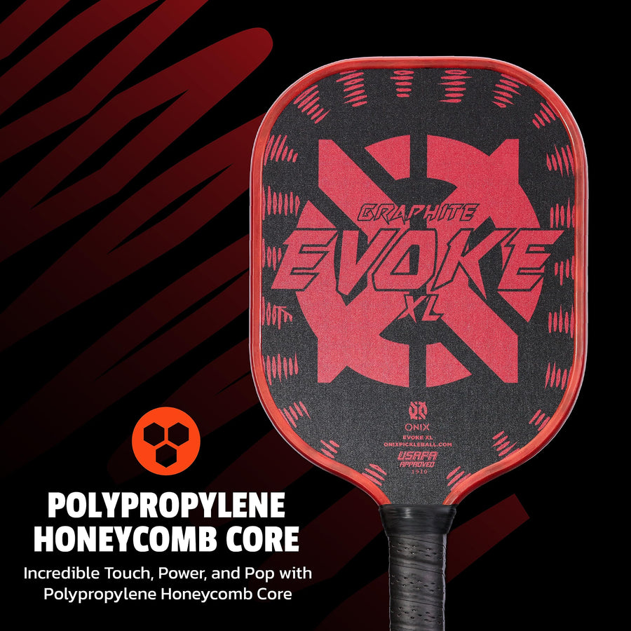 Graphite Onix Evoke XL Pickleball Paddle Features Polypropylene Core, Graphite Face, and Oversized Shape, Red