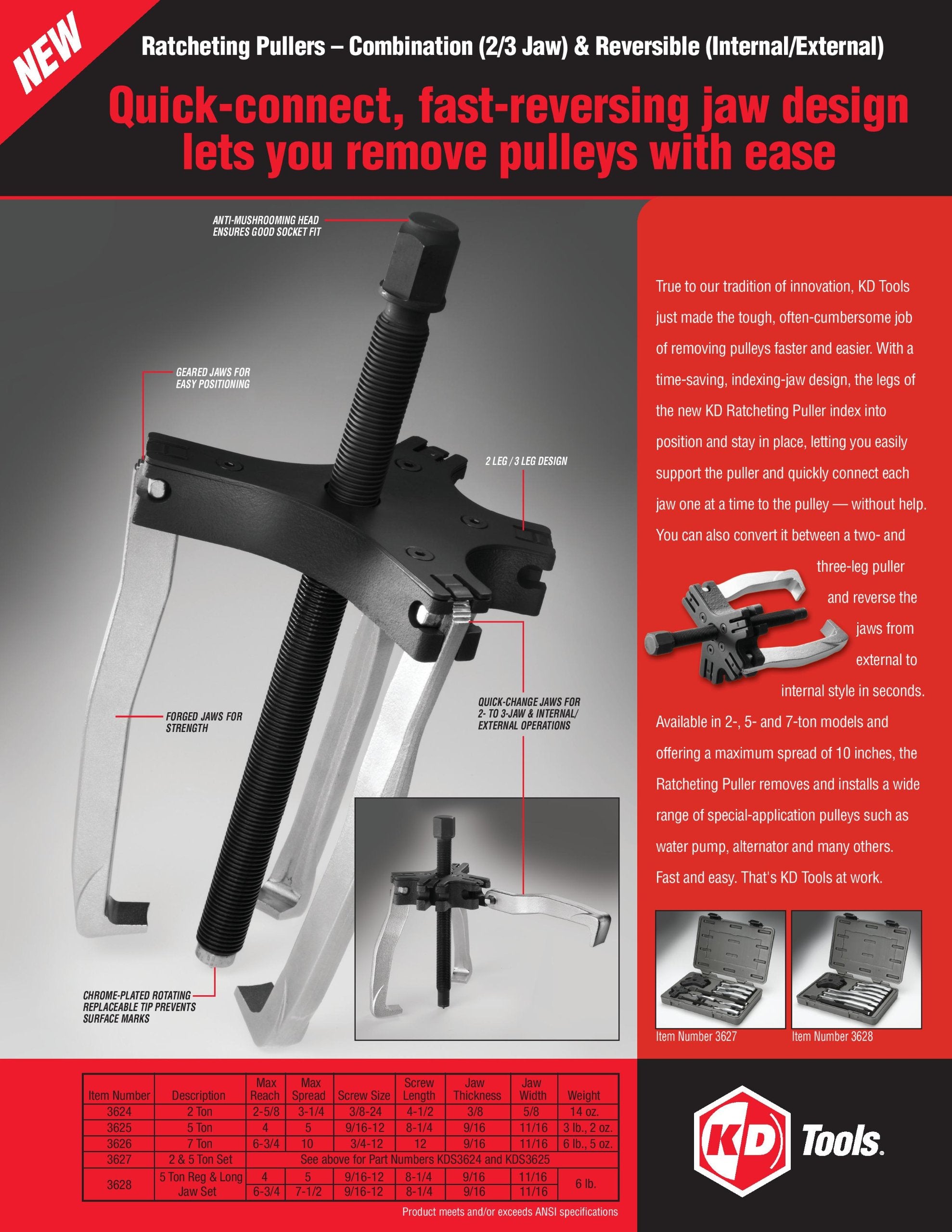 2 or 3 Jaw GEARWRENCH Internal/External Ratcheting Puller, 5 Ton Capacity - 3625