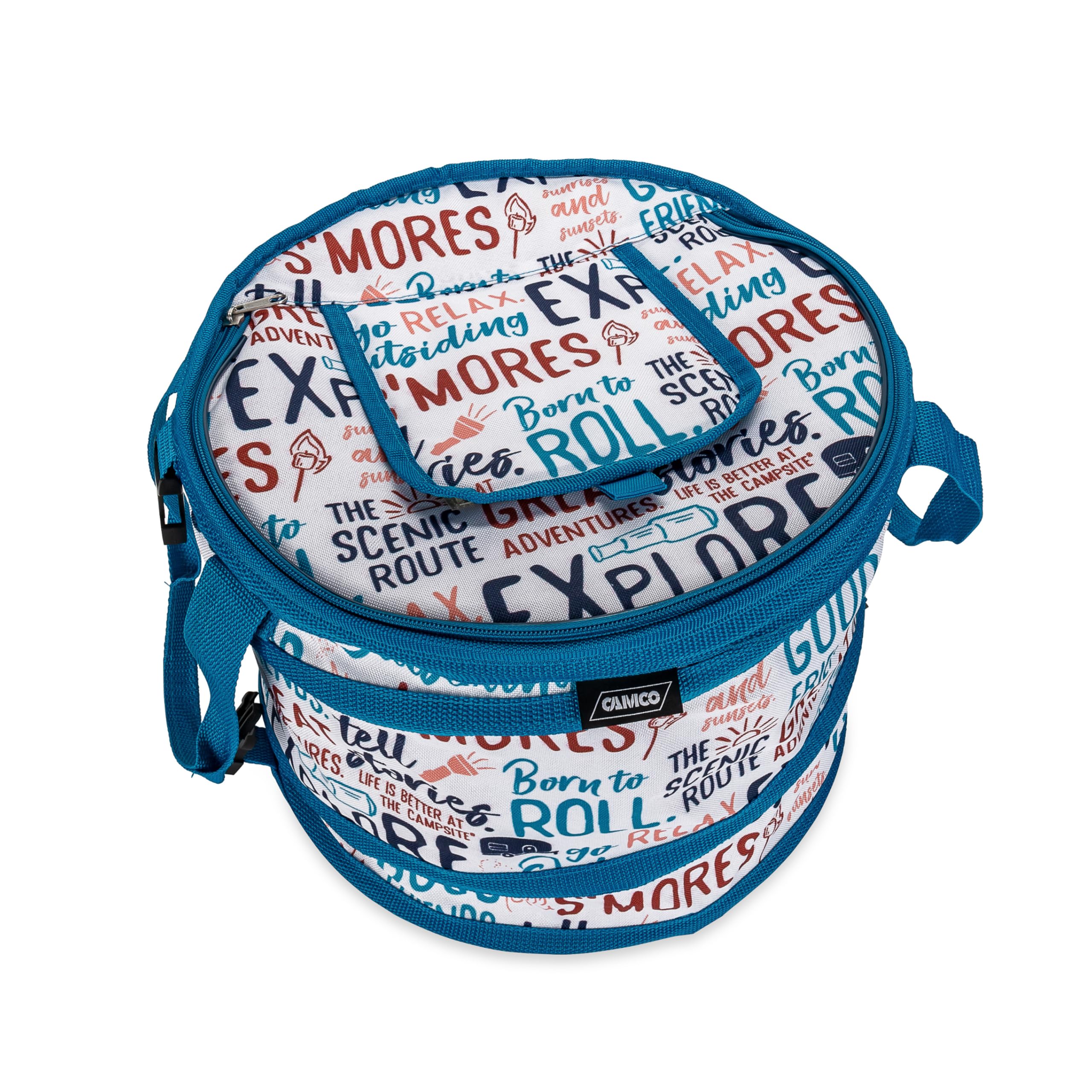 Camco Pop-Up Soft Cooler is Better at The Campsite Life - Features a Water-Resistant Interior, Built-in Bottle Opener, and Camping Graffiti Design - Holds Up to a 12-Pack of Bottles or Cans (53416)
