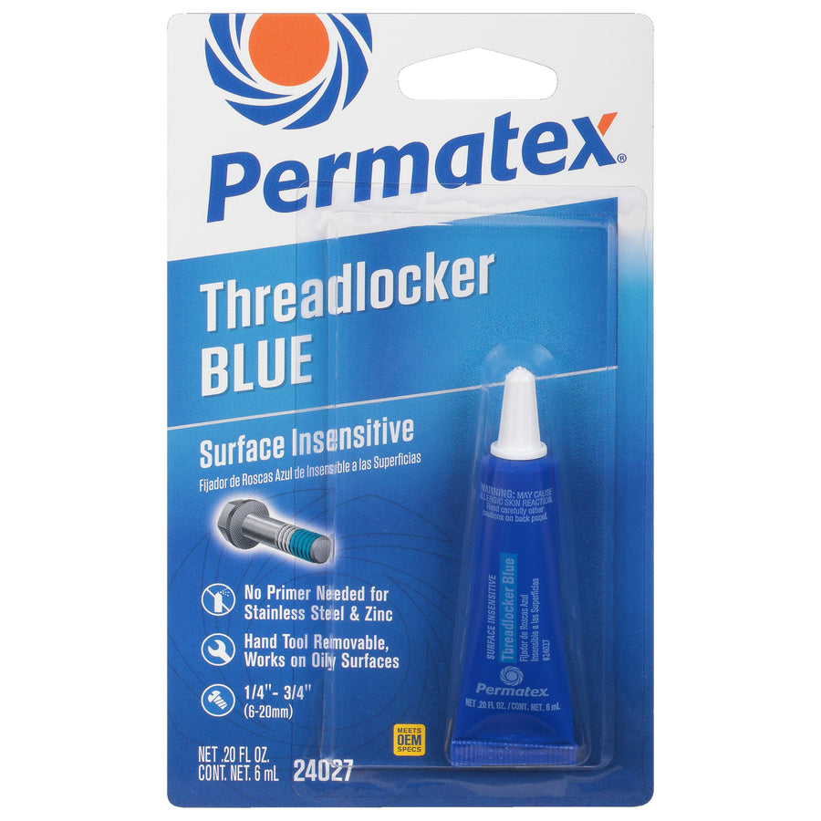 Permatex 24027 Threadlocker Blue Surface Insensitive, Screw Glue & Thread Lock for Bolts Nuts & Fasteners to Prevent Loosening & Corrosion, Removable with Hand Tools 6 ml