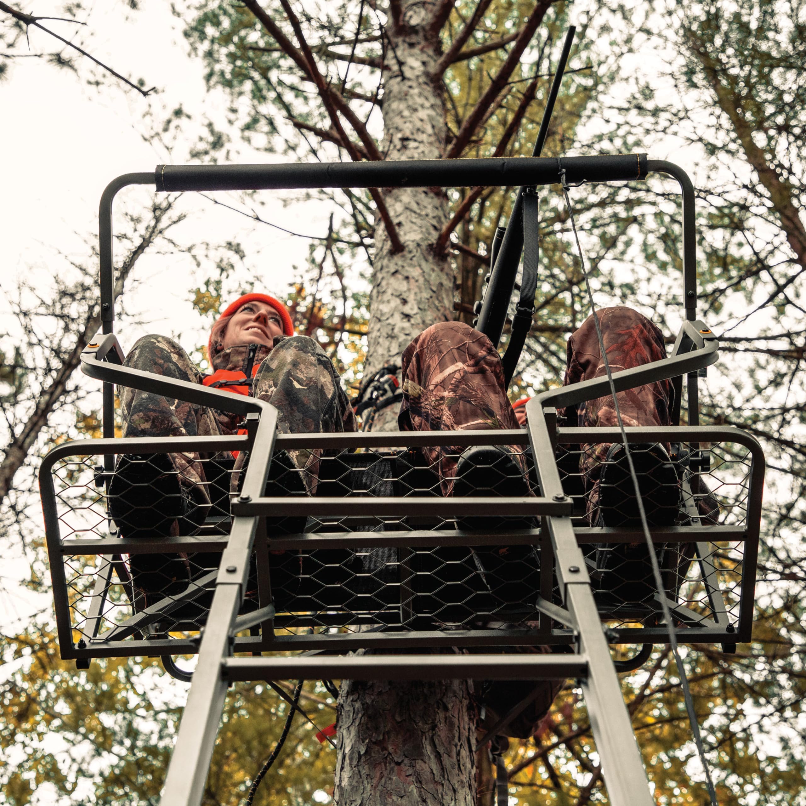 Relax 2-Man LS Ladder Stand, Rivers Edge, 16’10” Height, Lockdown Strapping System, Large Platform, TearTuff Mesh Seat, Flip-Back Shooting Rail, RE673