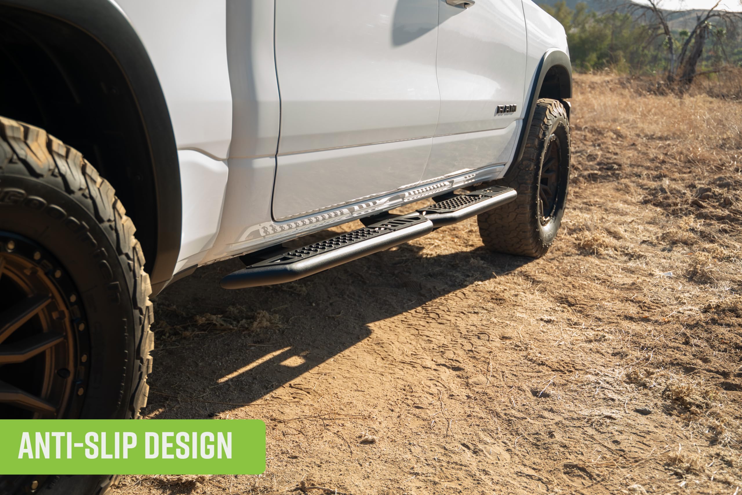 OE Plus DV8 Offroad Side Steps for 2019-2024 RAM 1500 Crew Cab | Anti-Slip Design | Provides Protection from Light Trail Debris | Mounts to Body/Pinch Weld | Retains OEM Ground Clearance | Steel