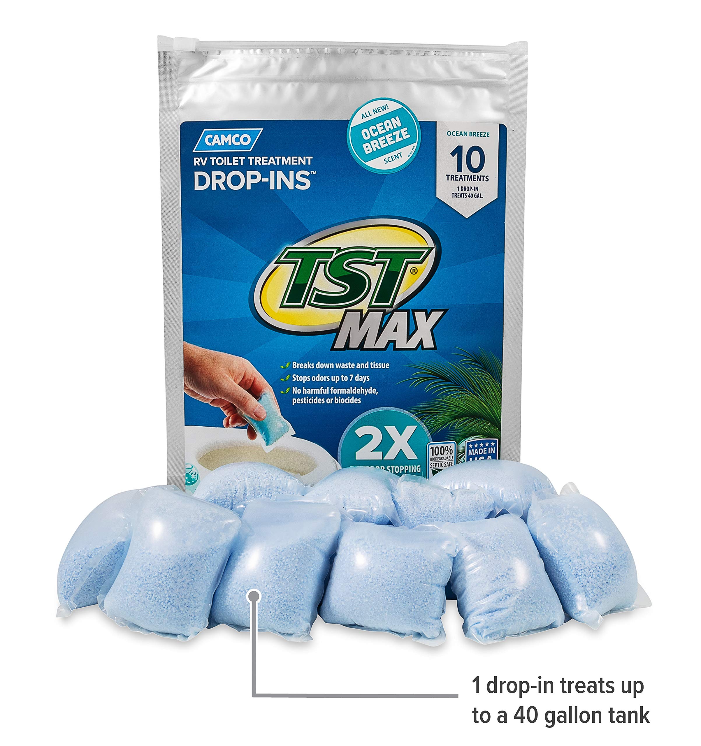 Camco TST MAX Drop-INs RV Toilet Treatment - Control Unwanted Odors and Break Down Waste and Tissue - Septic Tank Safe - Ocean Breeze Scent - 10-pack (41613)