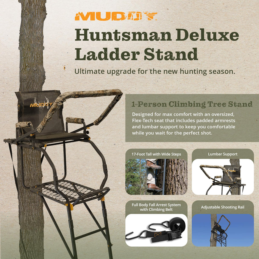 1-Person MUDDY Huntsman Deluxe Steel Ladder Tree Stand, 17 ft Tall, 300 lb Capacity - Heavy-Duty Hunting Treestand with Lumbar Support Seat, Flip-Back Adjustable Shooting Rail & Silencer Technology