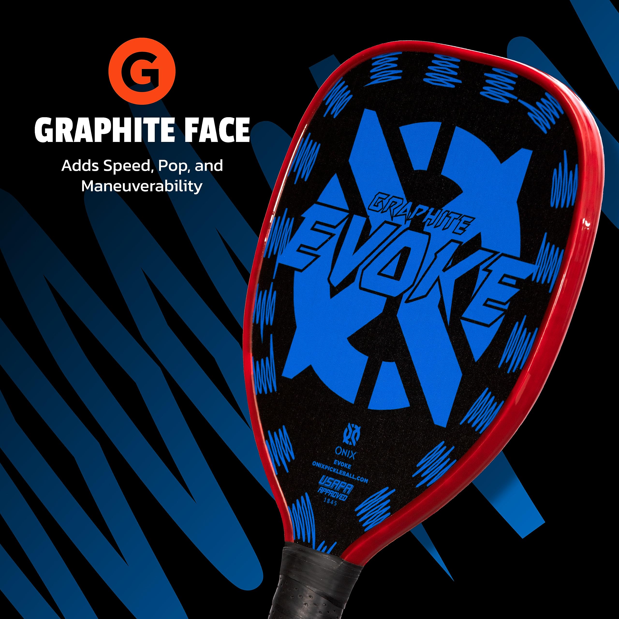 Graphite Onix Evoke Tear Drop Pickleball Paddle Features Tear Drop Shape, Polypropylene Core, and Graphite Face, Blue