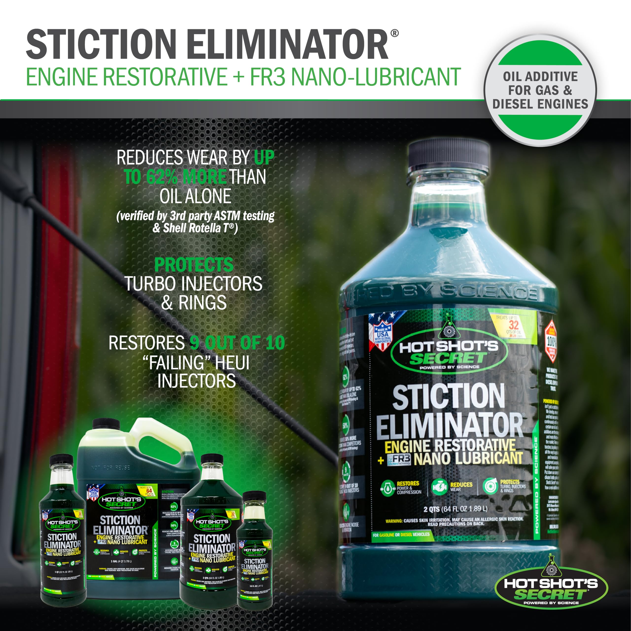 Hot Shot's Secret Stiction Eliminator Original - For All Vehicles, Gas & Diesel Oil Additive, Reduces Wear, Restores Power & Protects Injectors, Eliminates Injector Stiction, 5 Gallons
