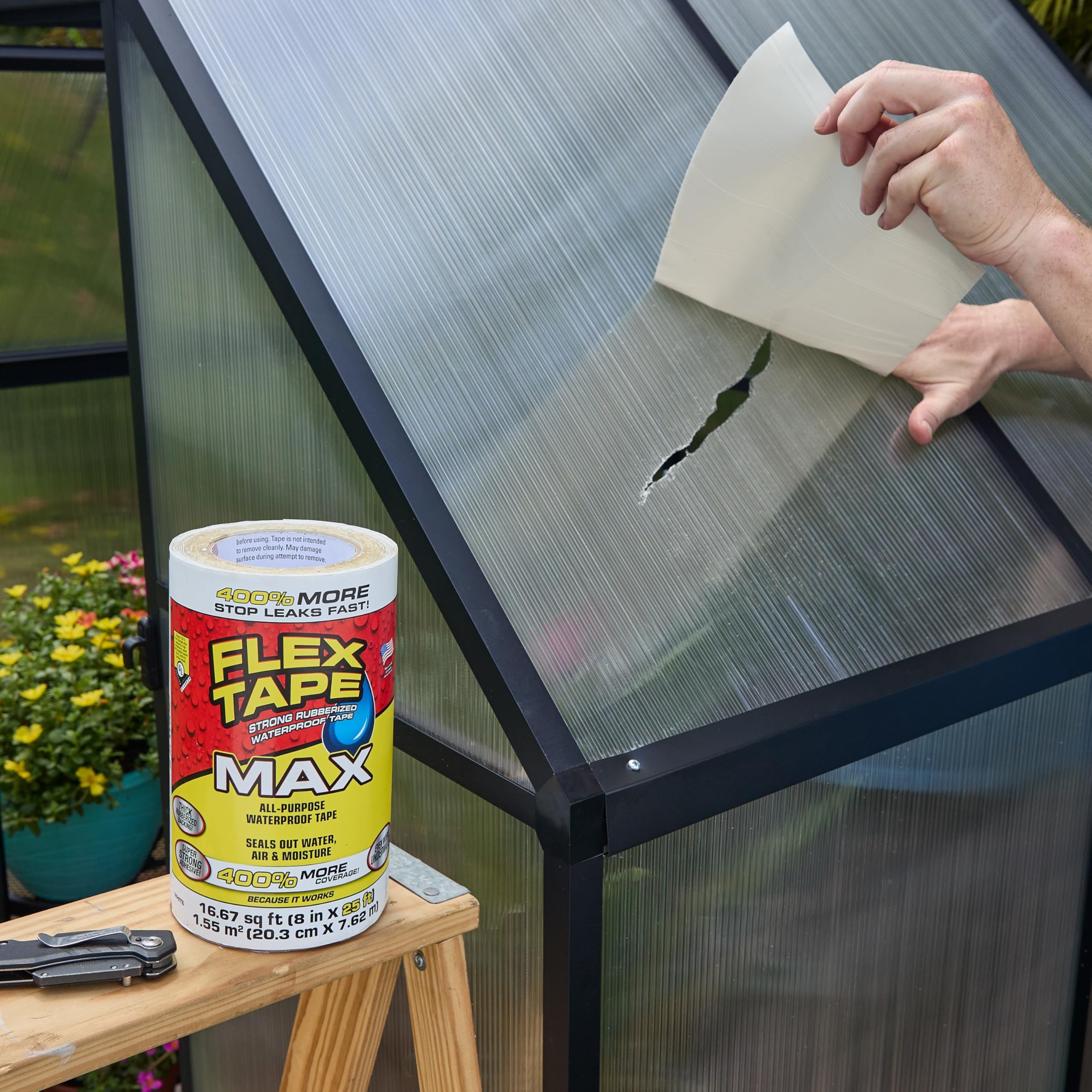 MAX Flex Tape, Original Thick Flexible Rubberized Waterproof Tape - Seal and Patch Leaks, Works Underwater, Indoor Outdoor - Home RV Roof and Pool Repairs, White, 8 in x 25 ft, Pack of 1