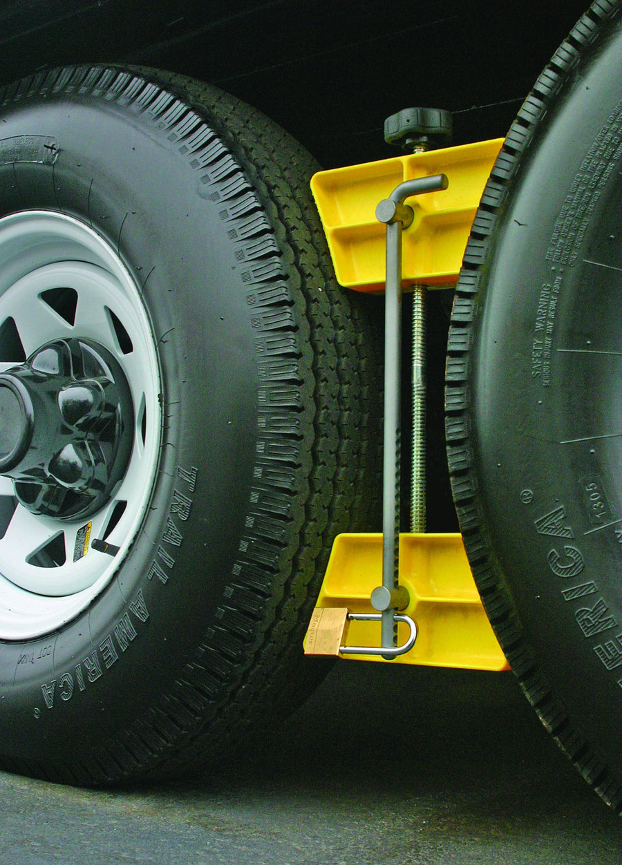 Camco Wheel Stop RV with Padlock- Stabilizes Your Trailer by Securing Tandem Tires to Prevent Movement While Parked- 26" to 30" Tires- Large (44642)