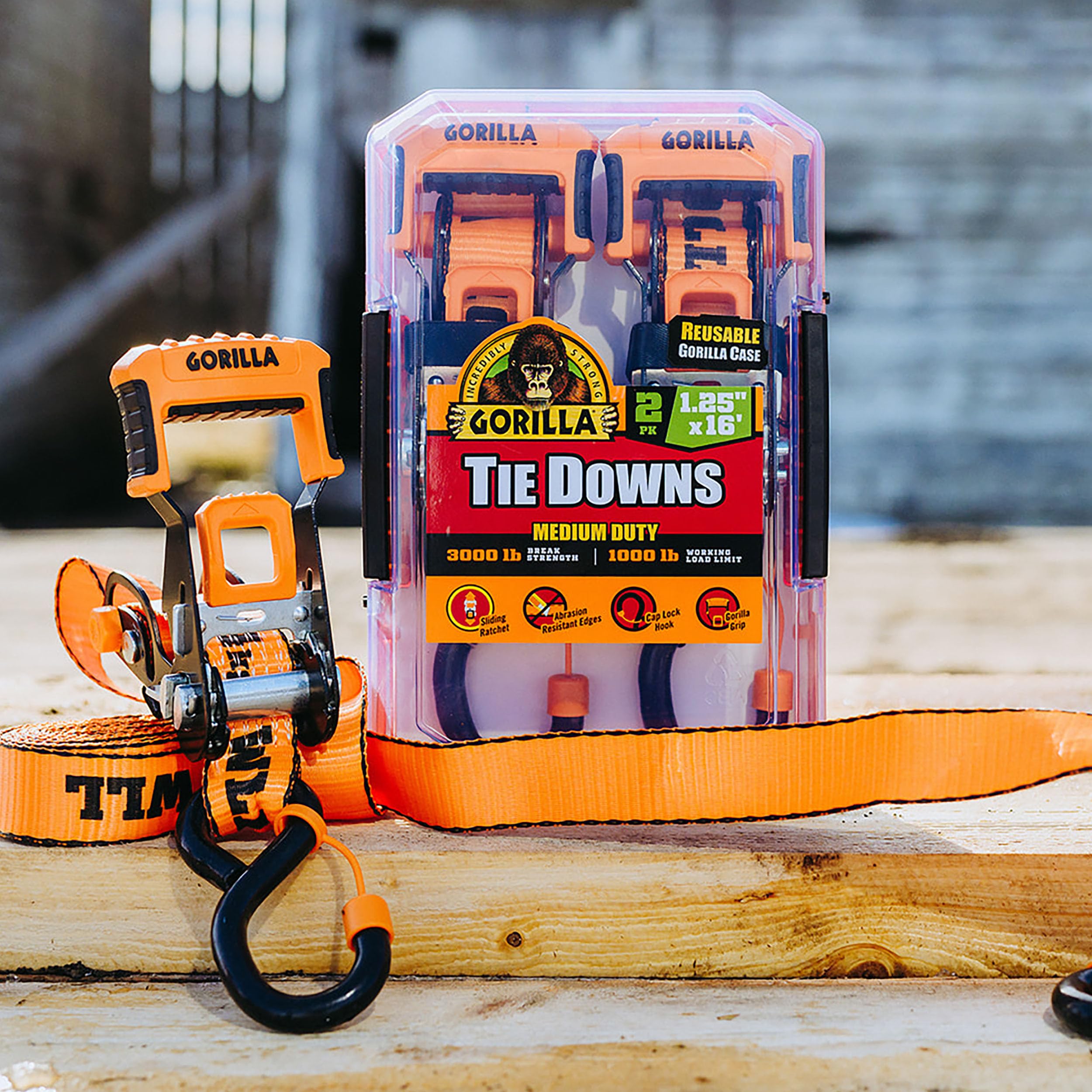 Gorilla Heavy Duty Ratchet Tie Down Strap 1.25 inch x 16 feet with a Sliding Ratchet Grip Handle and Cap Locks for Anchor Securement