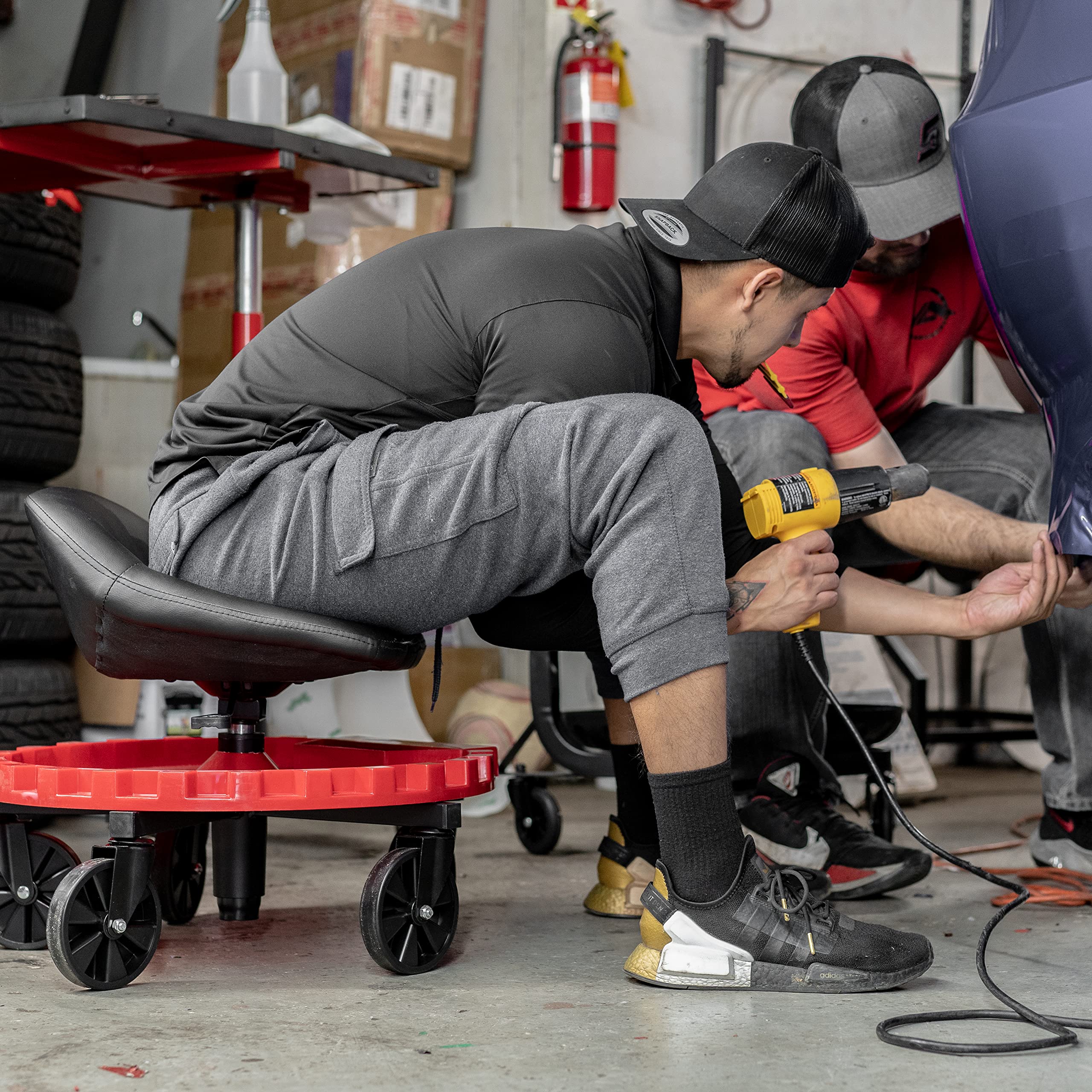 Monster Traxion 2-230 Rolling Padded Mechanic Stool Seat Garage Shop Roller Work Chair with Wheels and Tool Tray, Heavy-Duty 400-lb Capacity, All-Terrain 5" Casters, Black Red