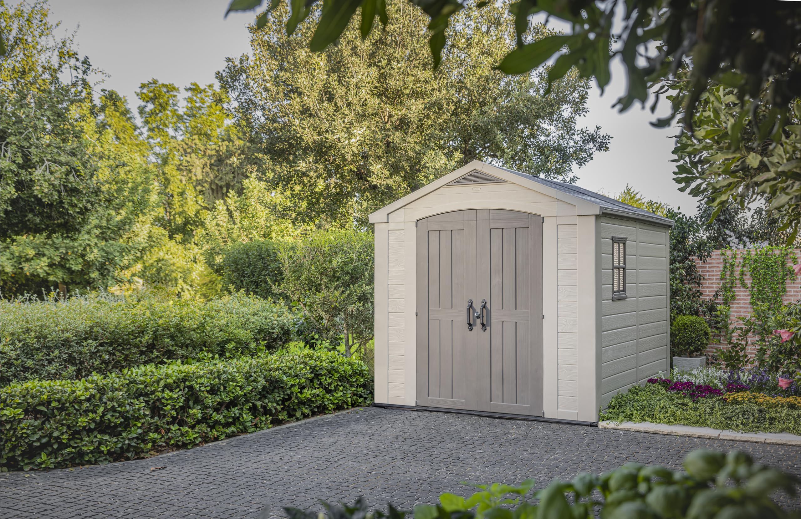 Keter 8x8 Foot Factor Large Resin Outdoor Shed with Floor for Patio Furniture, Lawn Mower, and Bike Storage, Taupe & Brown