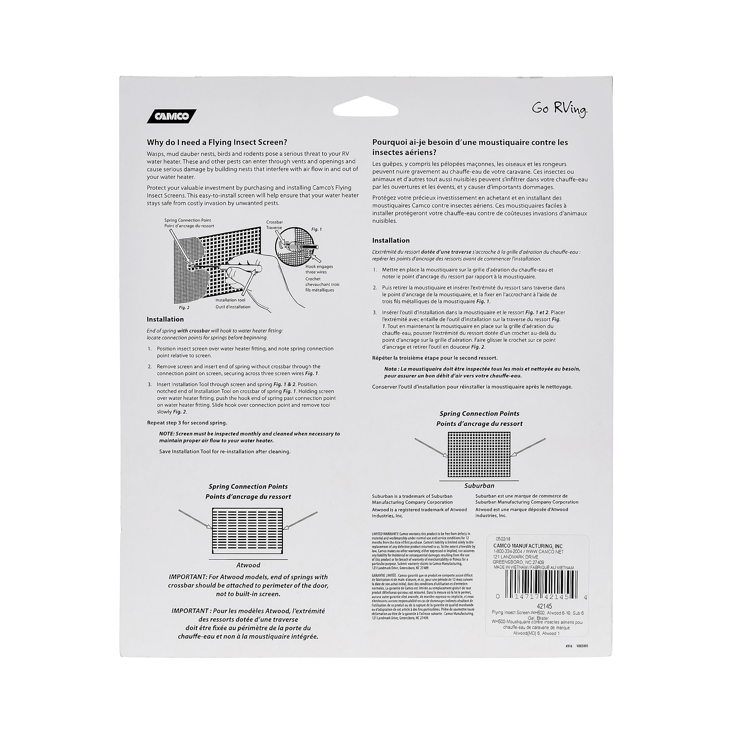 Camco Insect Flying Screen- Protects The Water Heater Vents from Flying Insect Nests, Stainless Steel Mesh, WH 500 -(42145),6" X 8.5" X 1.3", White