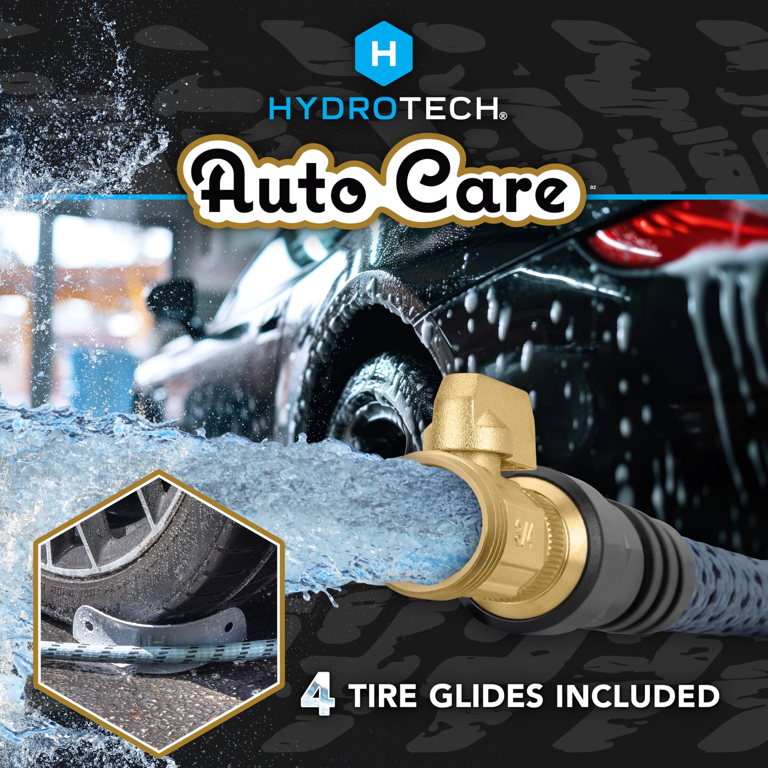 60 ft Hydrotech Garden Hose – Patented Force Control, Burst-Proof, Lightweight, Flexible, No-Kink Design, 5/8", 4 Tire Hose Guides, Ideal for Car Wash & Automotive Care