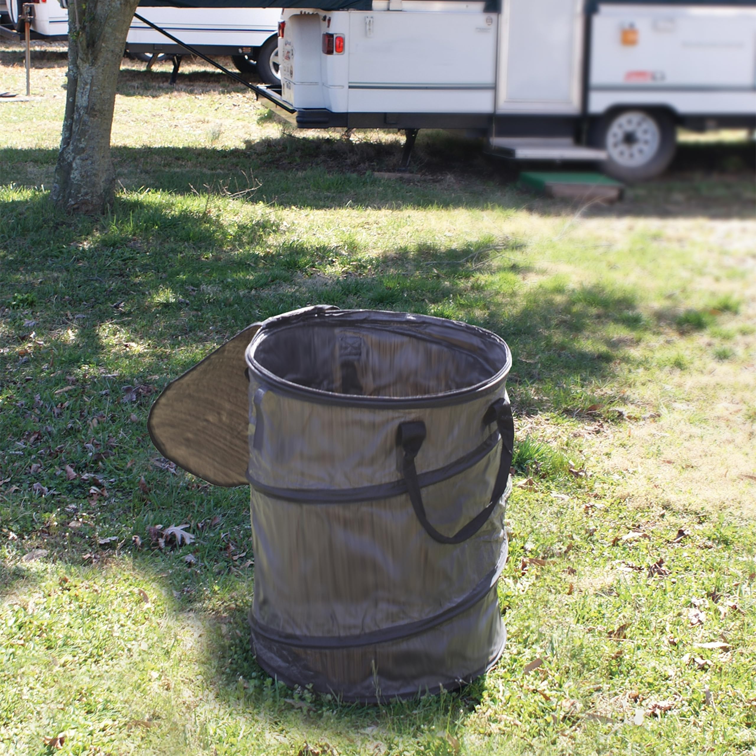 Pop-Up Camco Utility Container - Use as Collapsible Trash Can When Camping - Holds 30-Gallon Kitchen-Size Trash Bags - Stands 2-Ft Tall & Collapses for RV Storage and Organization (42893-A)
