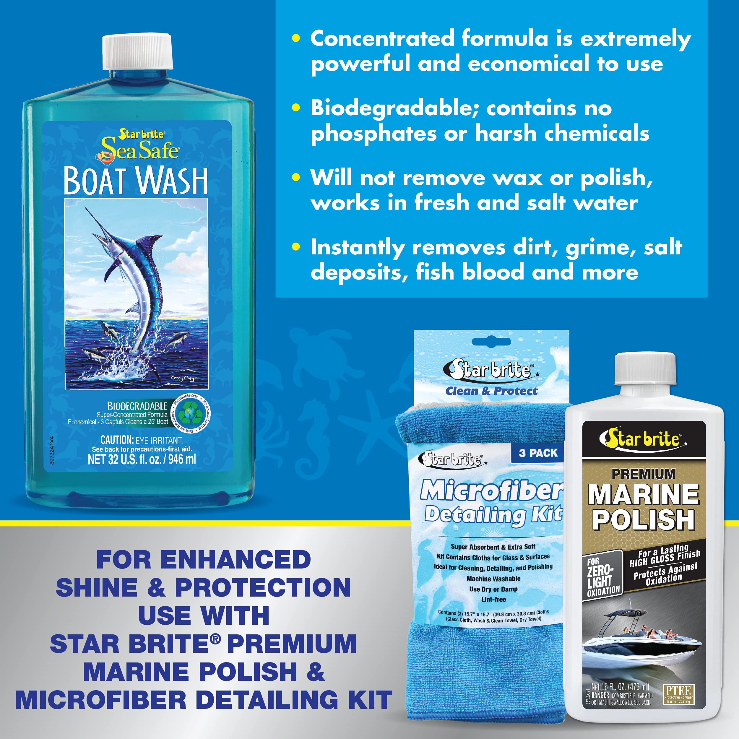 STAR BRITE Boat Wash Sea Safe – Super Concentrated, Biodegradable Formula – Gently Removes Dirt, Grime, Salt Without Stripping Wax or Polish – Designed for All Boat Surfaces 32 OZ (089732PW)