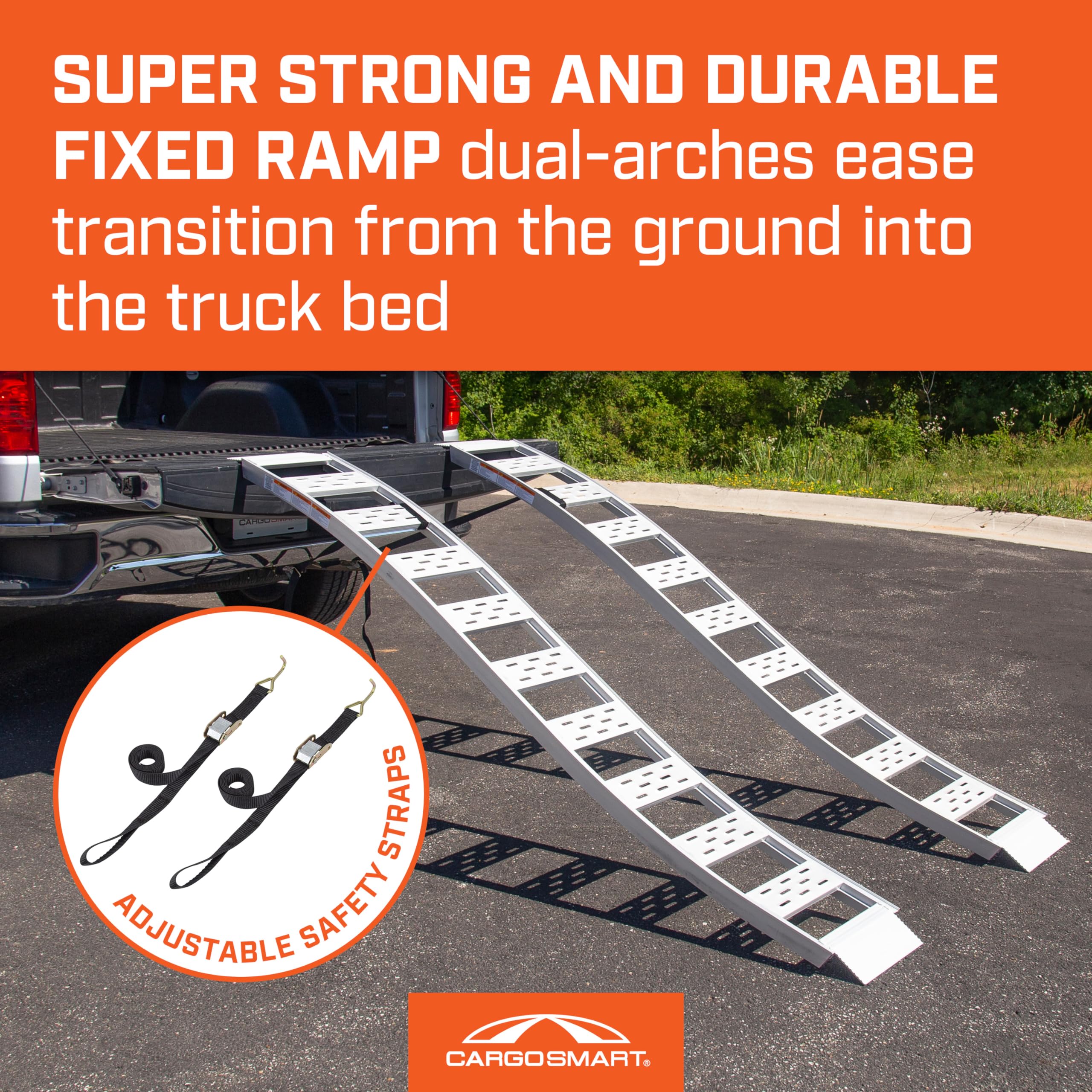 CargoSmart Fixed Aluminum S-Curve Ramp with Treads (2pk) – Easily and Safely Load and Unload Your Light Equipment, Lawn Tractors, ATVs and More, 1,500 lb. Capacity, 12” W x 90” L