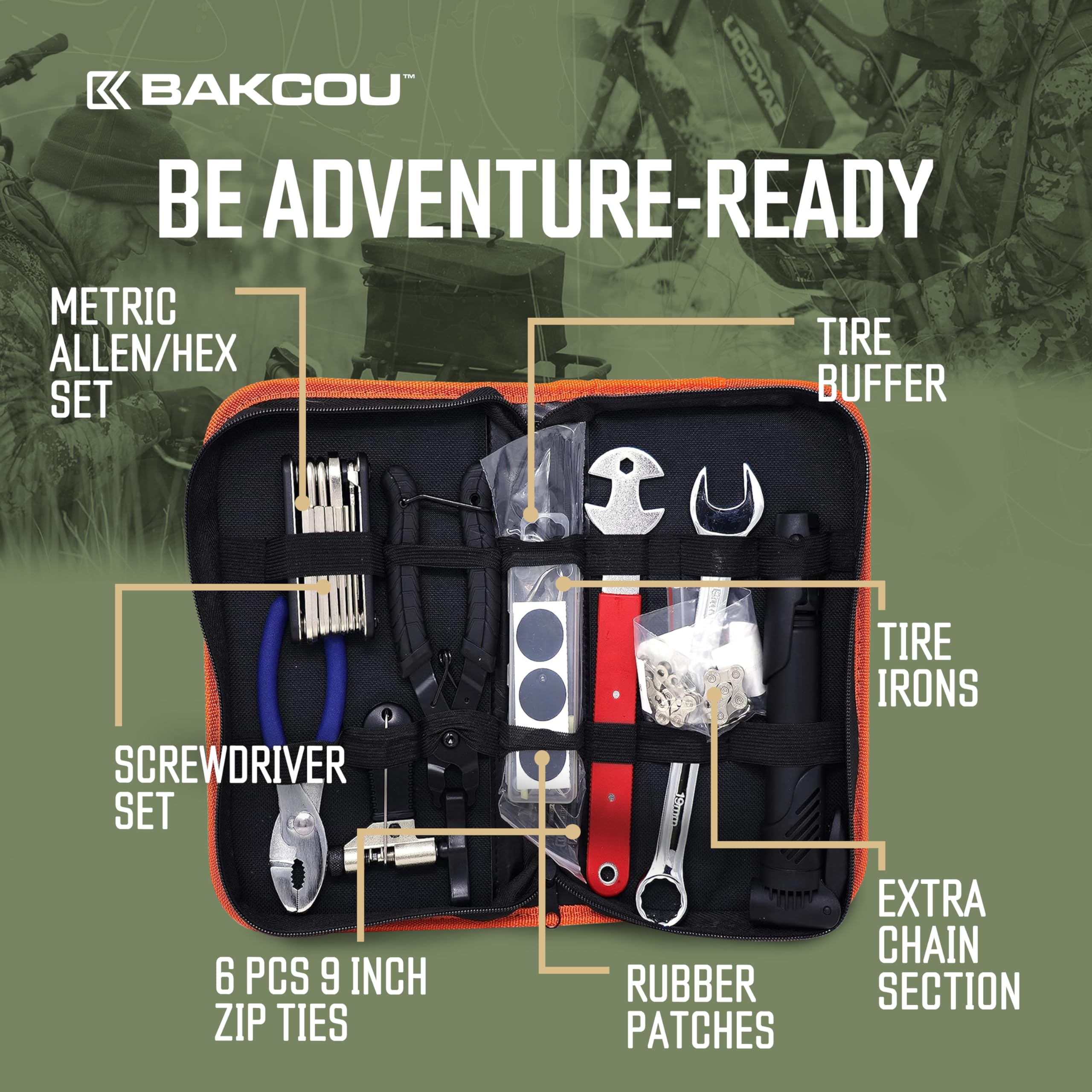 Trailside Bakcou Repair Kit - Portable eBike and Bicycle Repair Set, Chain Pliers, Multi-Tool, Pedal Wrench, Mini Pump, Tire Patches, Chain Breaker