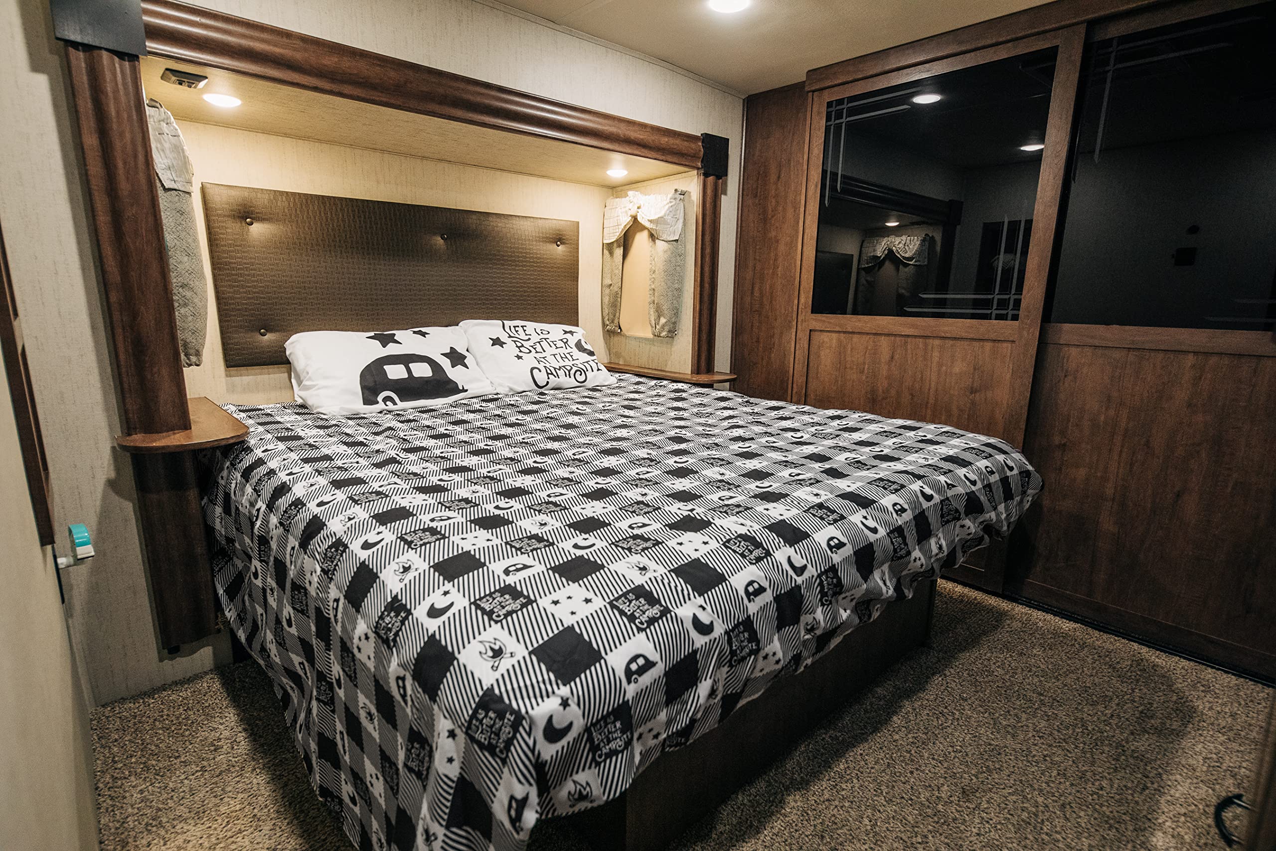 Camco RV King Sized Bed Sheet Set Life is Better at The Campsite | Features Camping Theme Design on Buffalo Plaid Pattern | Crafted of Soft Machine Washable Polyester | 4-Piece Set (53474)