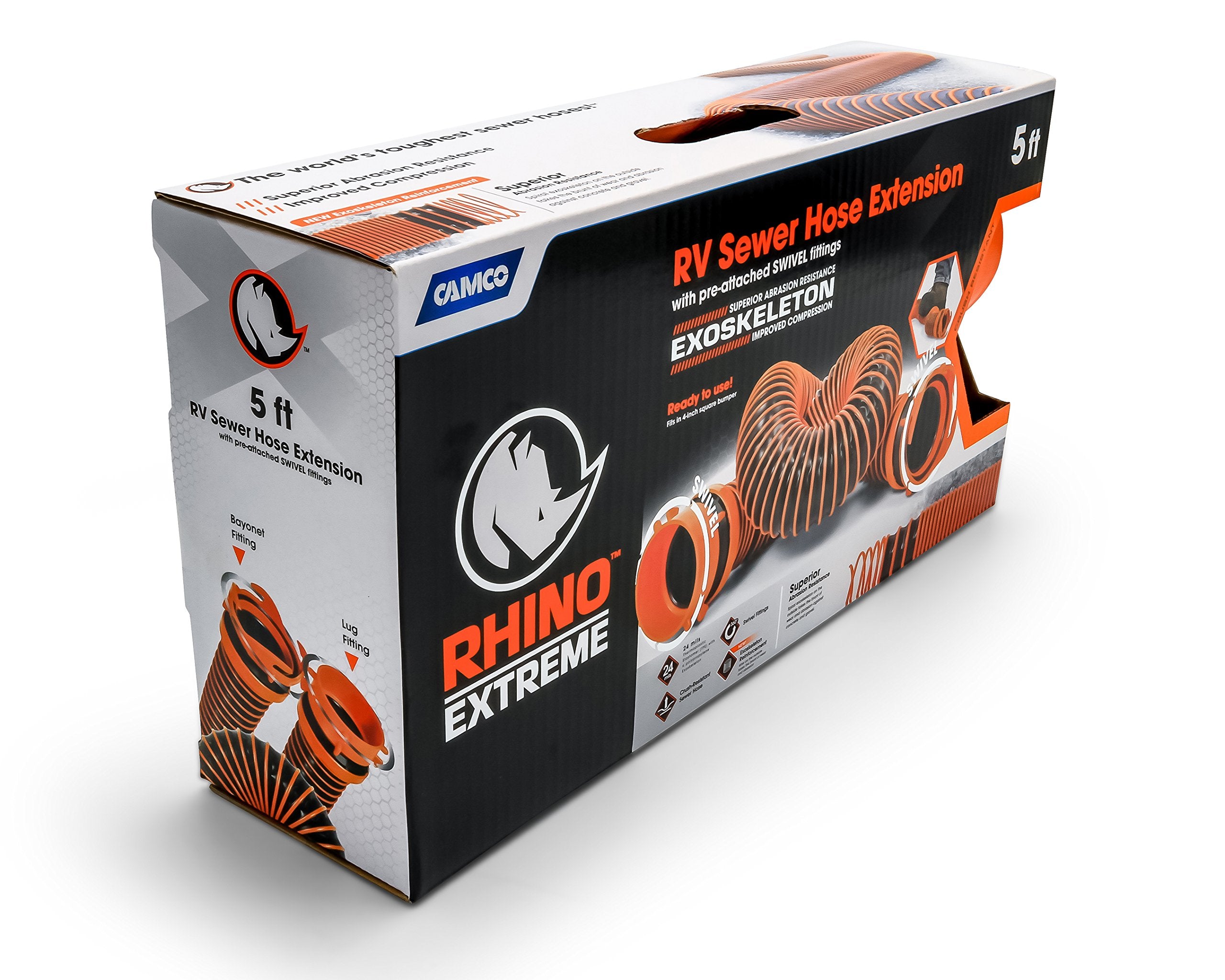 Camco 5-Foot RhinoEXTREME Camper/RV Sewer Hose - Features TPE Technology for Abrasion Resistance and Crush Protection - Includes Pre-Attached Rhino Swivel Fittings (39865)