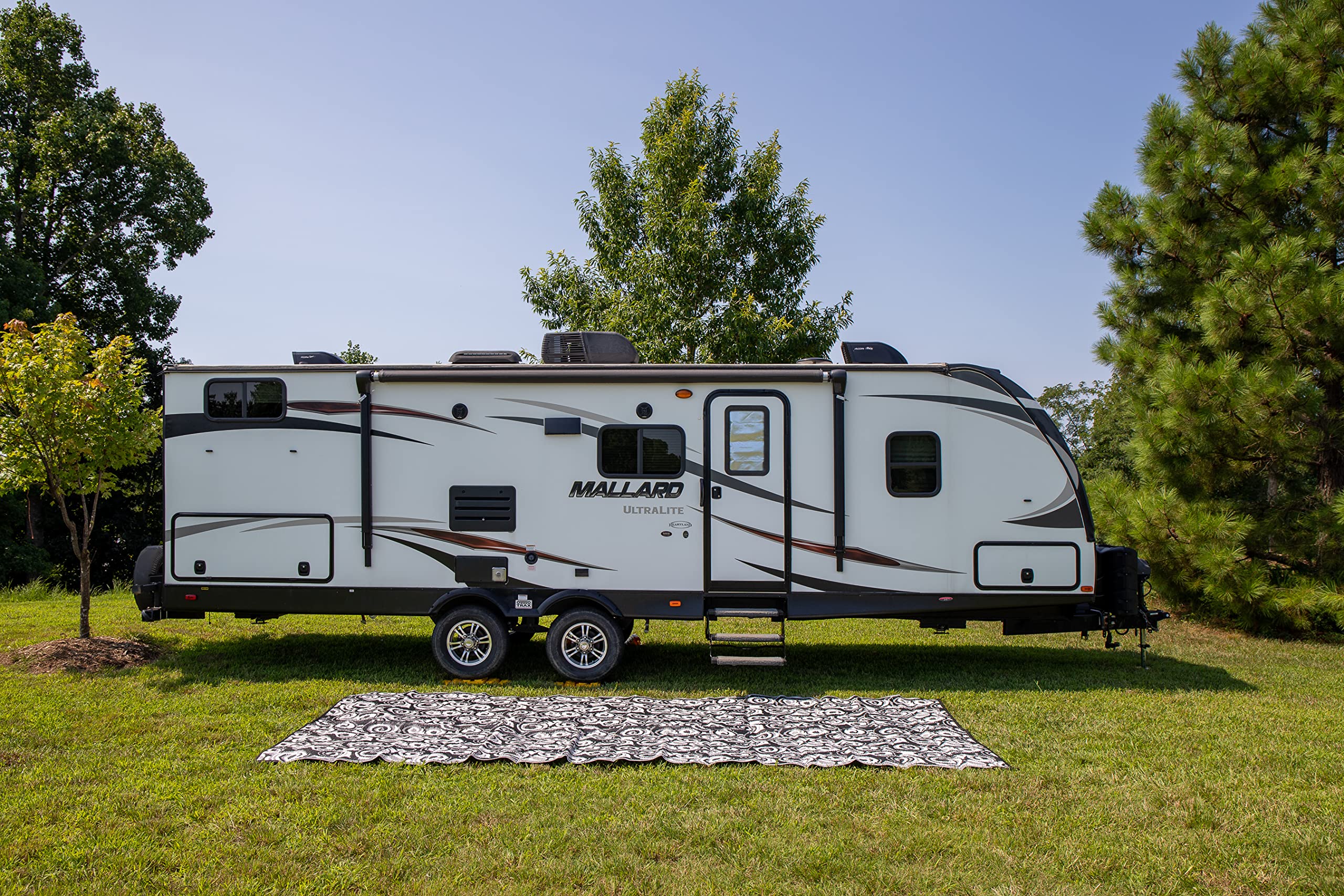 Reversible Camco RV Awning and Outdoor Mat | Ideal Accessory for RVing, Camping, Picnicking, Sporting Events, and More | 8-feet by 16-feet | Charcoal and White (42843)