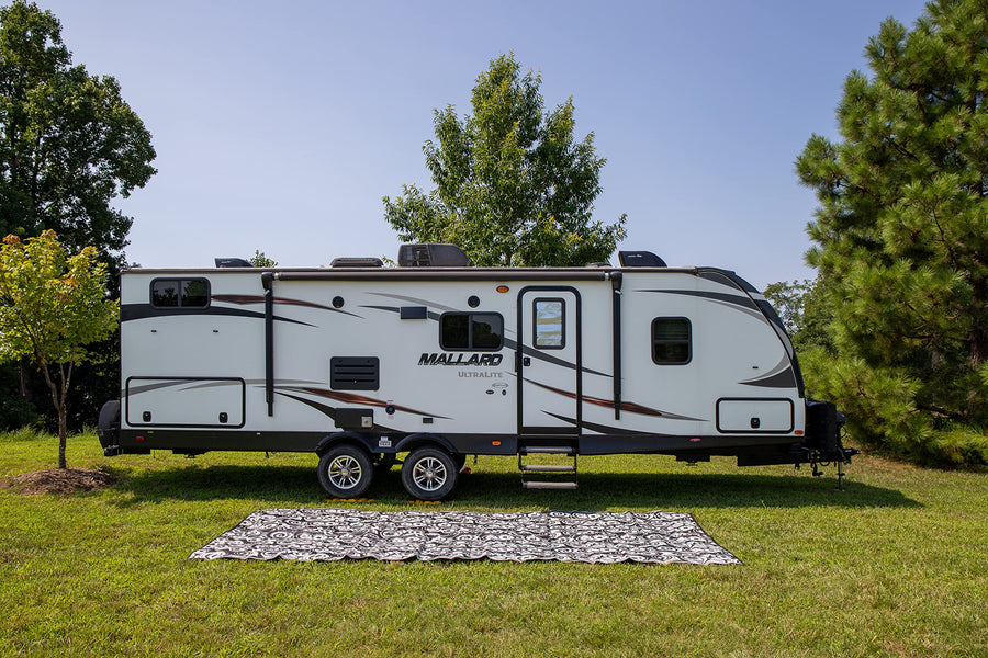 Reversible Camco RV Awning and Outdoor Mat | Ideal Accessory for RVing, Camping, Picnicking, Sporting Events, and More | 8-feet by 16-feet | Charcoal and White (42843)