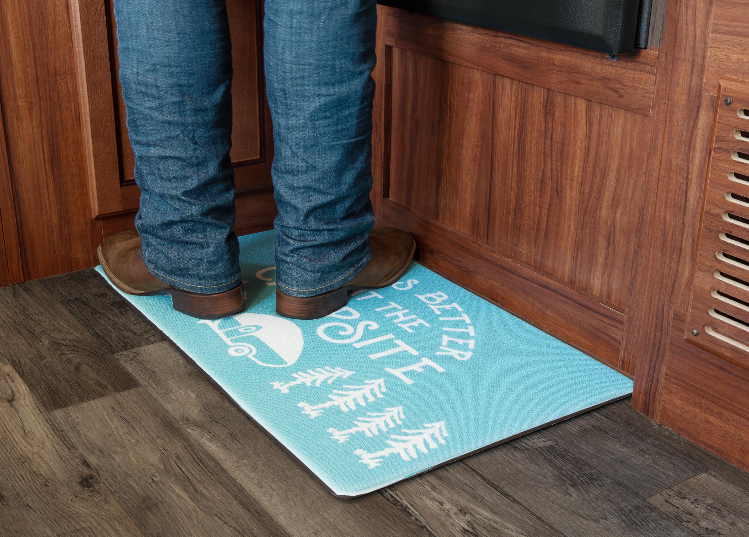 Camco Anti-Fatigue Kitchen Mat - Life is Better at The Campsite Features RV Sketch Design - Reduces Discomfort While Standing for Extended Time - Features a Non-Slip Surface - 30 x 18 x 3/4 in (53435)