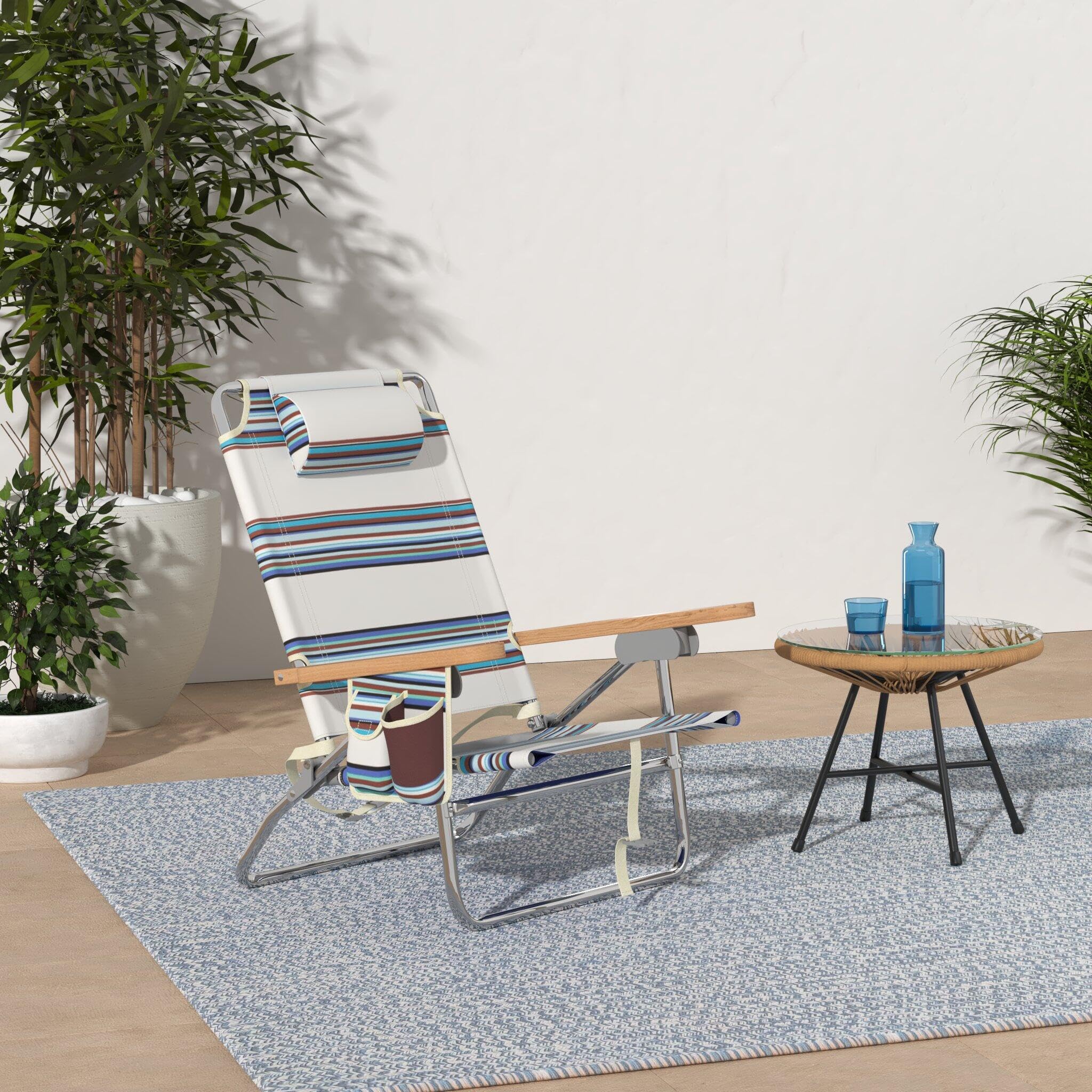 Hurley Beach Chair Mid-Height Wood Arm, One Size, Roman Stripe Bronzed Blue