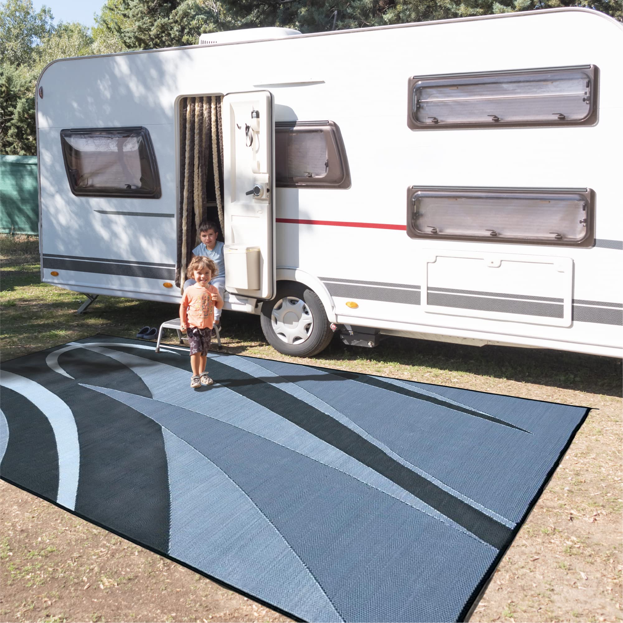 Camping Stylish GB1 8-Feet x 16-Feet RV Reversible Graphic Patio Mat, Black/Silver