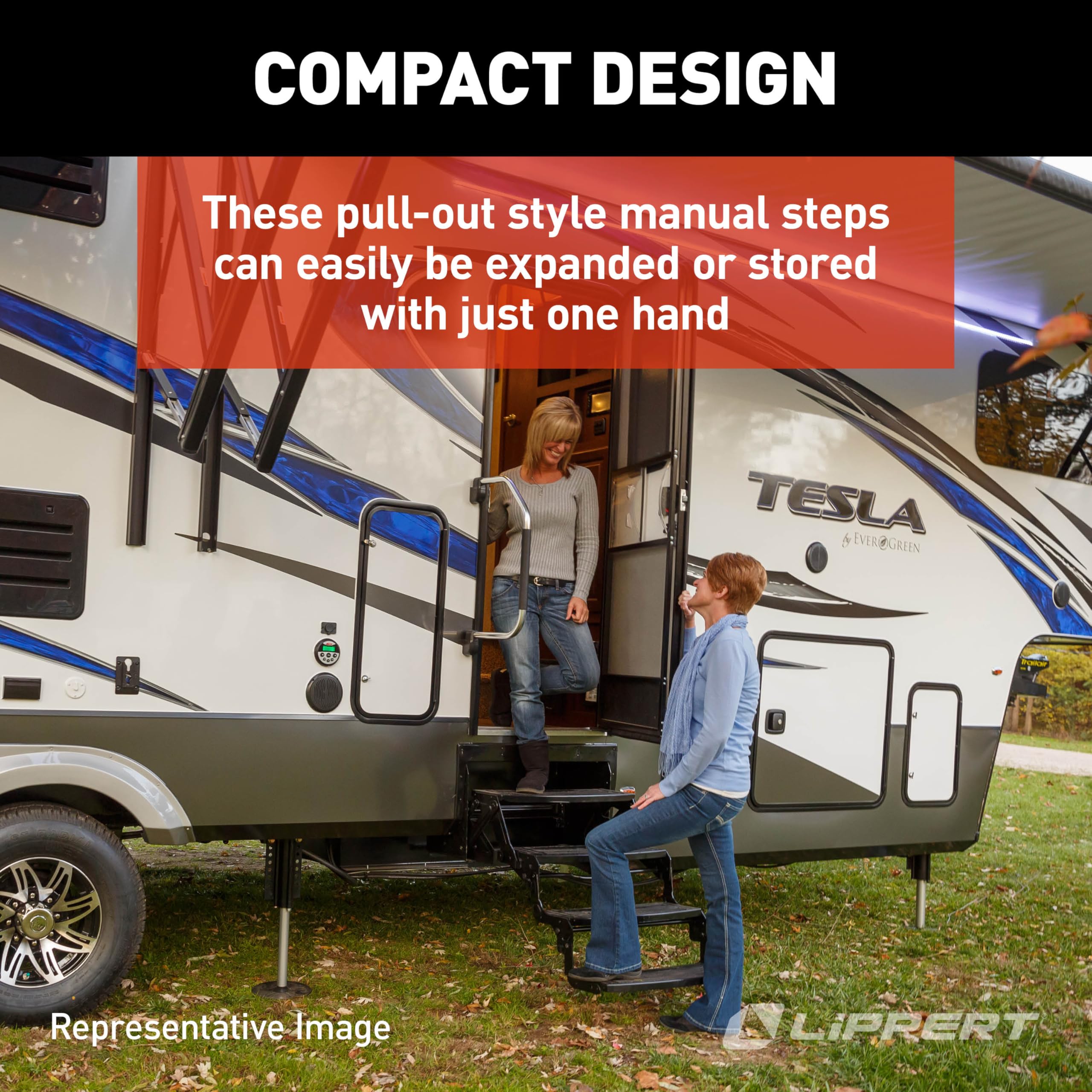 Lippert 24" Radius Double Manual RV Step Assembly, 8" Rise, 300 lbs. Anti-Slip Steps, Compact One-Hand Expand or Collapse, Black Powder Coat, Travel Trailers, 5th Wheels, Campers - 432682