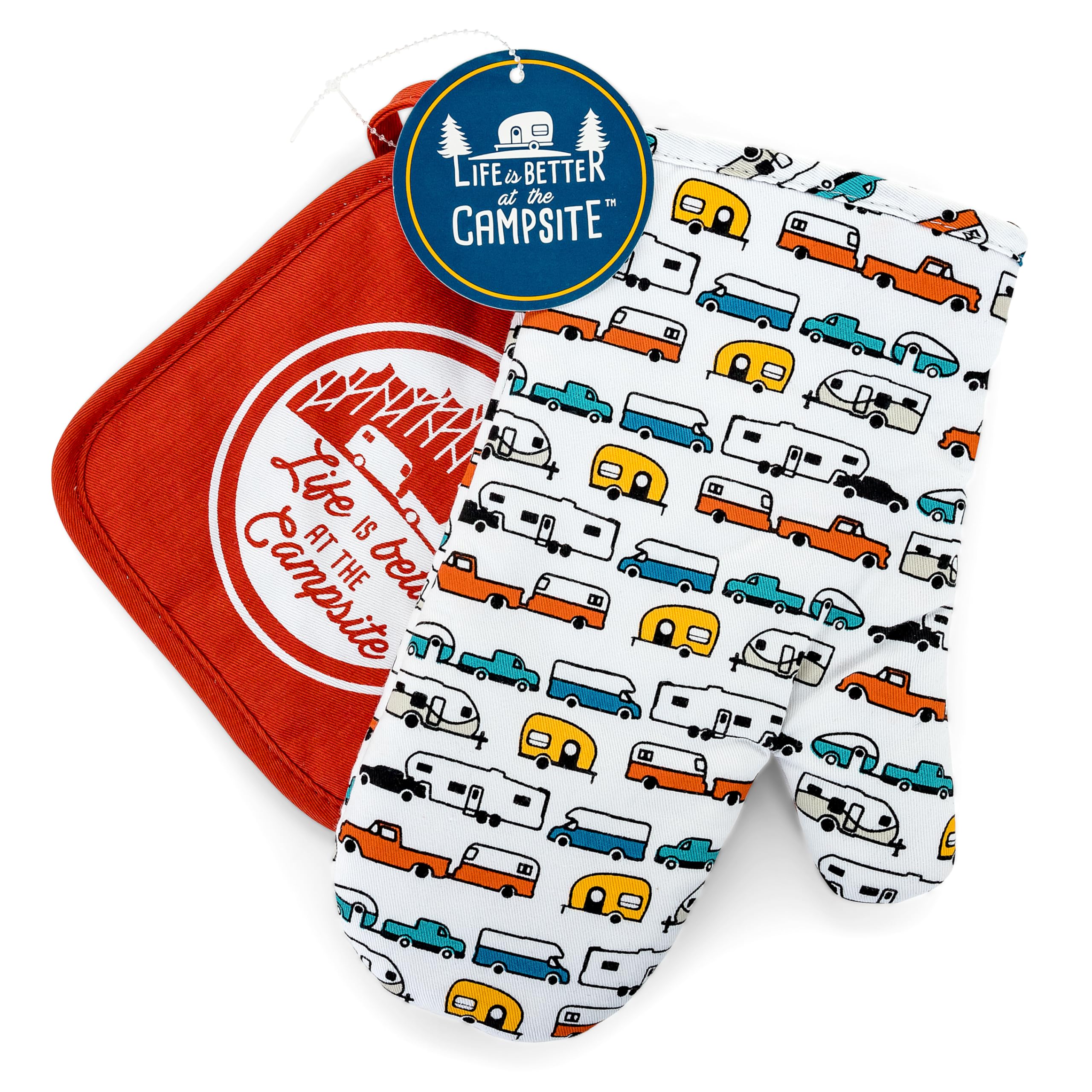 Camco Heat Resistant Life is Better at The Campsite Oven Mitt and Pot Holder Set - Heat Resistant, 100% Cotton - Features Unique RV Camping-Themed Design (53259)