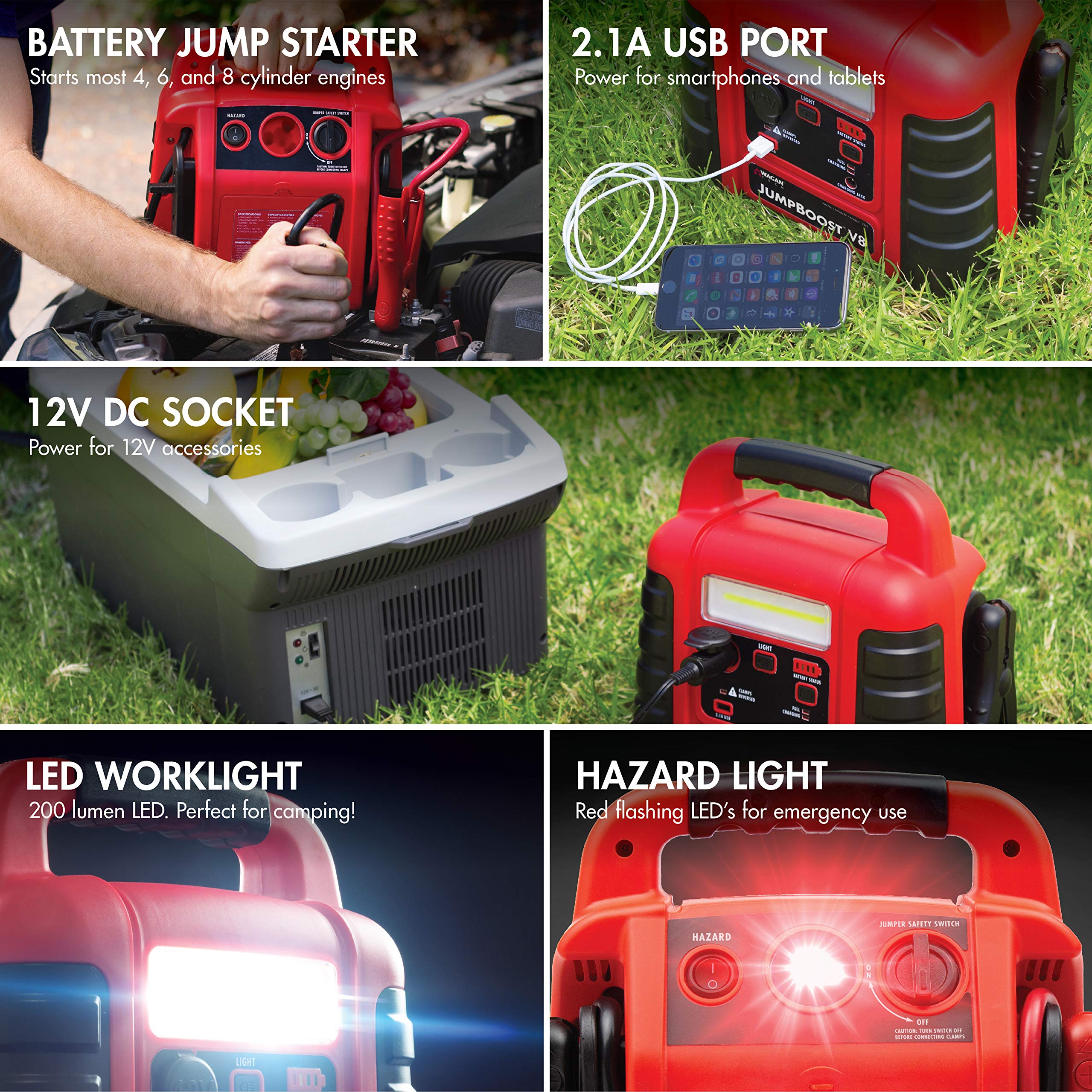 Wagan Jumpboost EL7552 V10 Air 1000 Peak Amps 12V Jump Starter with 260 PSI Powerful Air Compressor Tire Inflator, 1 Built-in DC Socket and 2A USB Port, Work Light