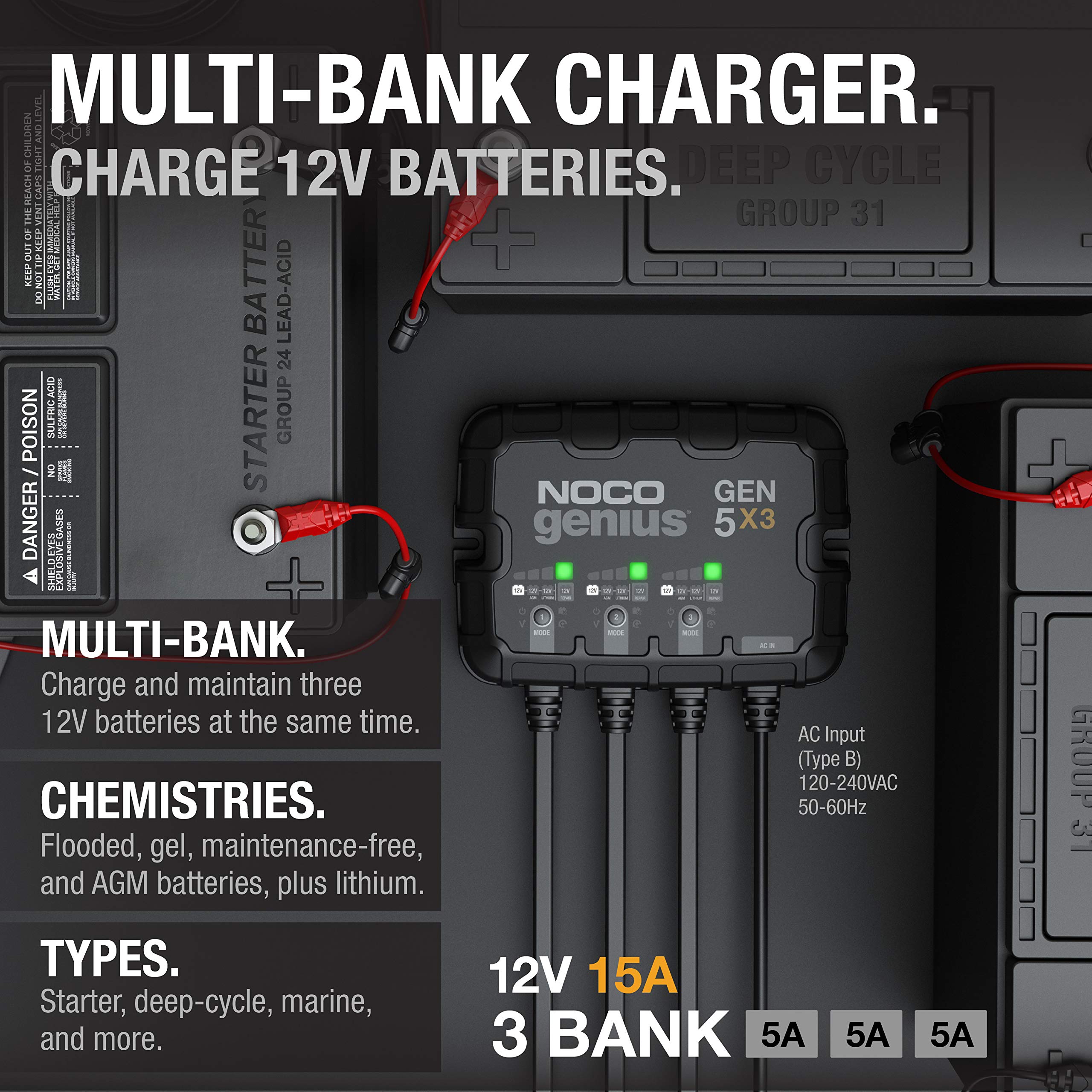GEN5X3 NOCO Genius: 3-Bank, 15A Onboard Battery Charger - 5A Per Bank, 12V Waterproof Marine Charger with Overcharge Protection & Temperature Compensation – for Lead-Acid & Lithium Batteries