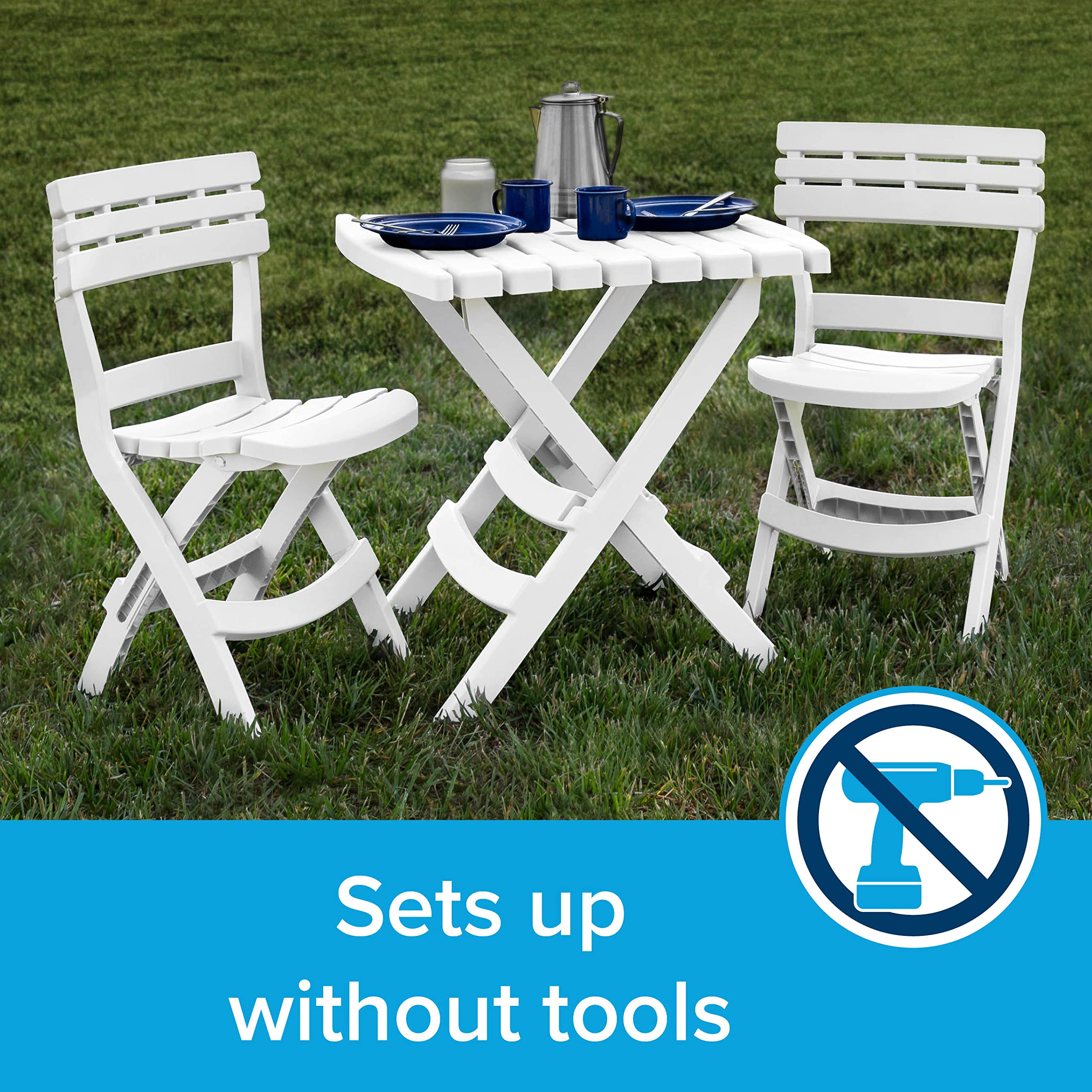Camco Table and Chair Outdoor Set | Features Foldable Design for Compact RV Storage and Organization | Great for Camping, Events, Patios, and More | No-Tool Assembly | 3-Piece, White (51640)