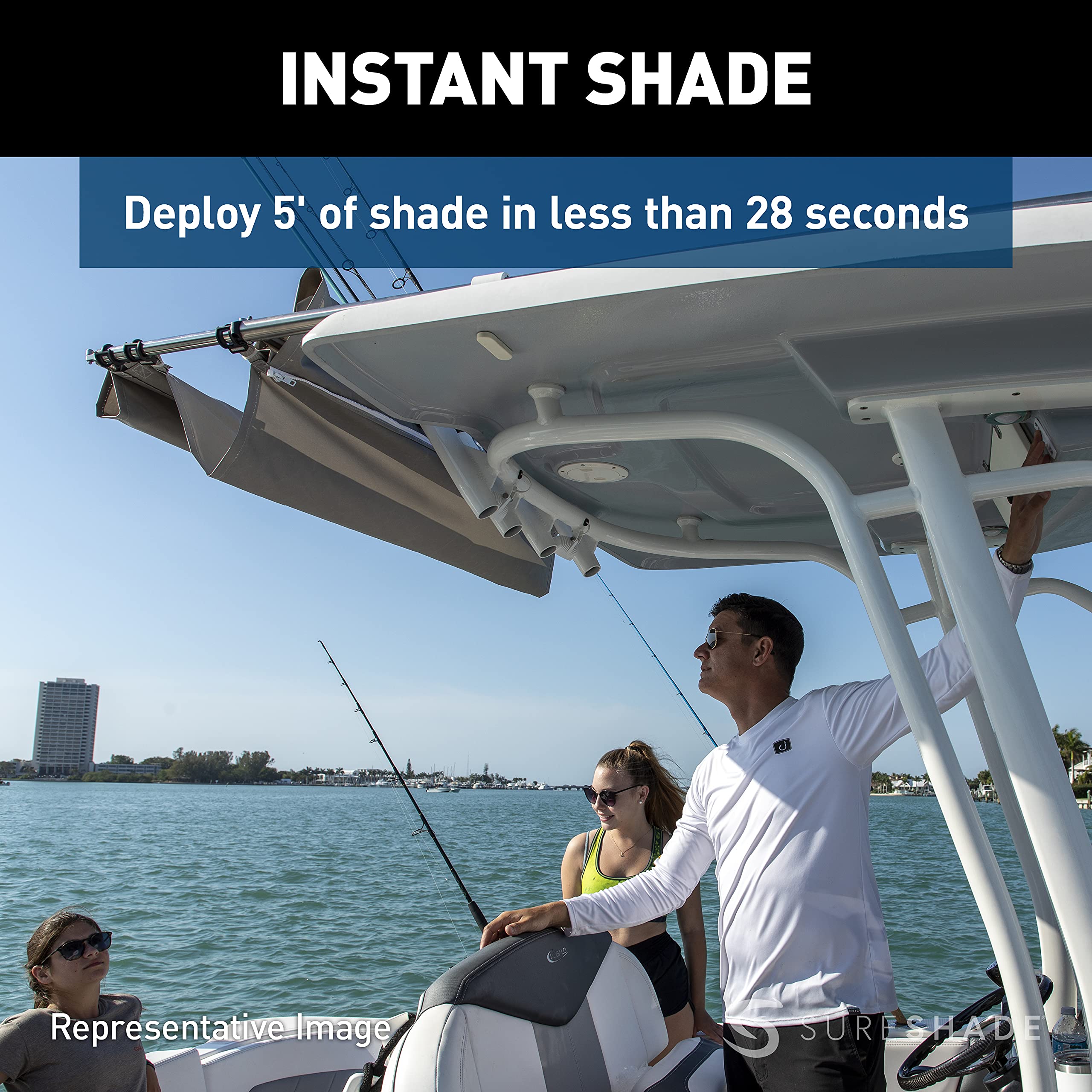 PTX Power Shade SureShade - 63" Wide (Gray) - Easy Installation on T-Top or Hardtop Boats - 600D Marine Canvas, Stainless Steel Frame - 12V DC Motors - Anti-Racking and Auto Shut-Off - PTXSS63GY